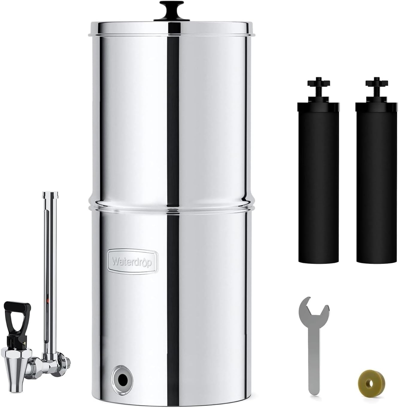 Alkaline Waterdrop Gravity-fed Water Filter System, Increase PH, with 4 Filters and Metal Spigot, King Tank Series, 2.25G