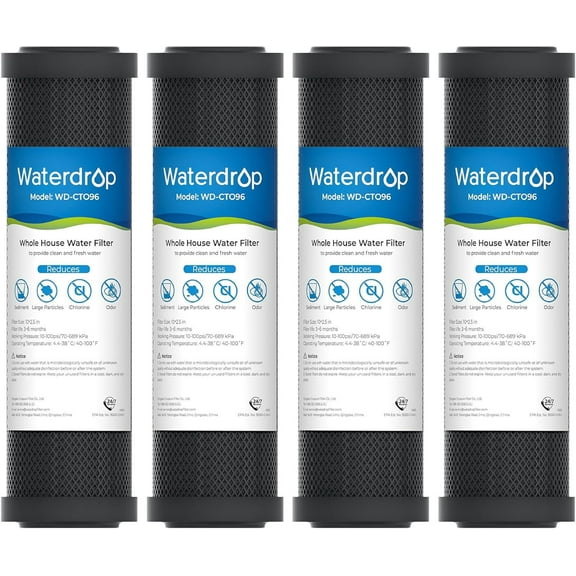 Waterdrop 2.5" x 10" Whole House CTO Carbon Water Filter Cartridge, 1 Micron Carbon Sediment Water Filter Replacement for WFPFC8002, D-10A, CBC-10, GE FXWTC, GXWH20T, Pack of 4