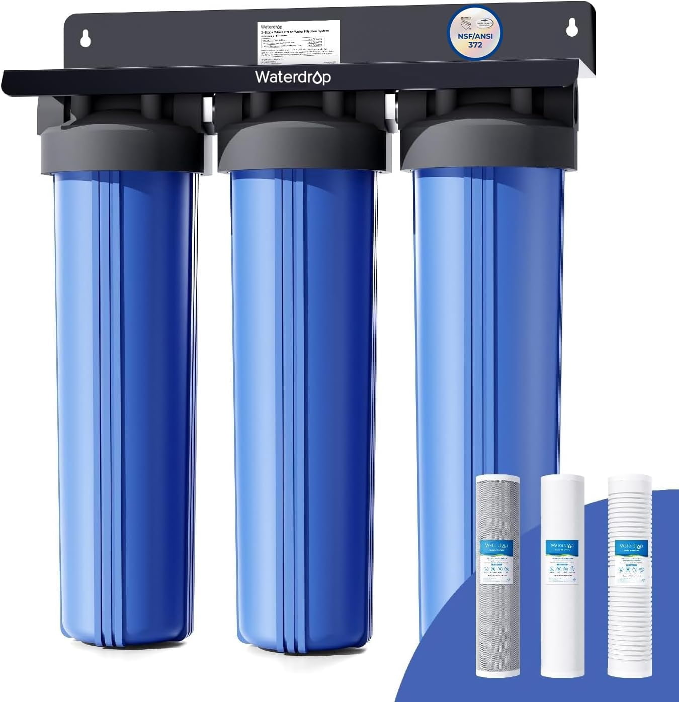 Waterdrop 3-Stage Whole House Water Filter System,with Carbon Filter&Sediment Filter,7-Stage Filtration Highly Reduce Lead,Chlorine,Odor and Taste,5 Micron WHF3T-PG,1"Inlet/Outlet