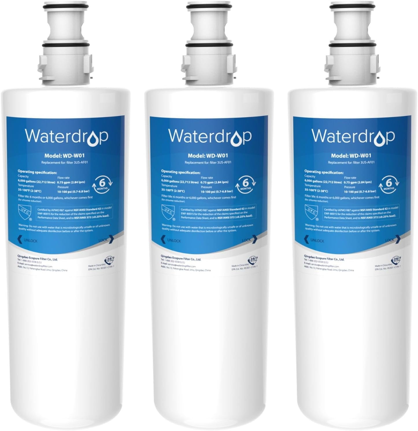 Waterdrop 3US-AF01 Under Sink Water Filter, Replacement for Standard Filtrete 3US-AF01, 3US-AS01, Aqua-Pure AP Easy C-CS-FF, WHCF-SRC, WHCF-SUFC, WHCF-SUF, NSF/ANSI 42 Certified, Pack of 3