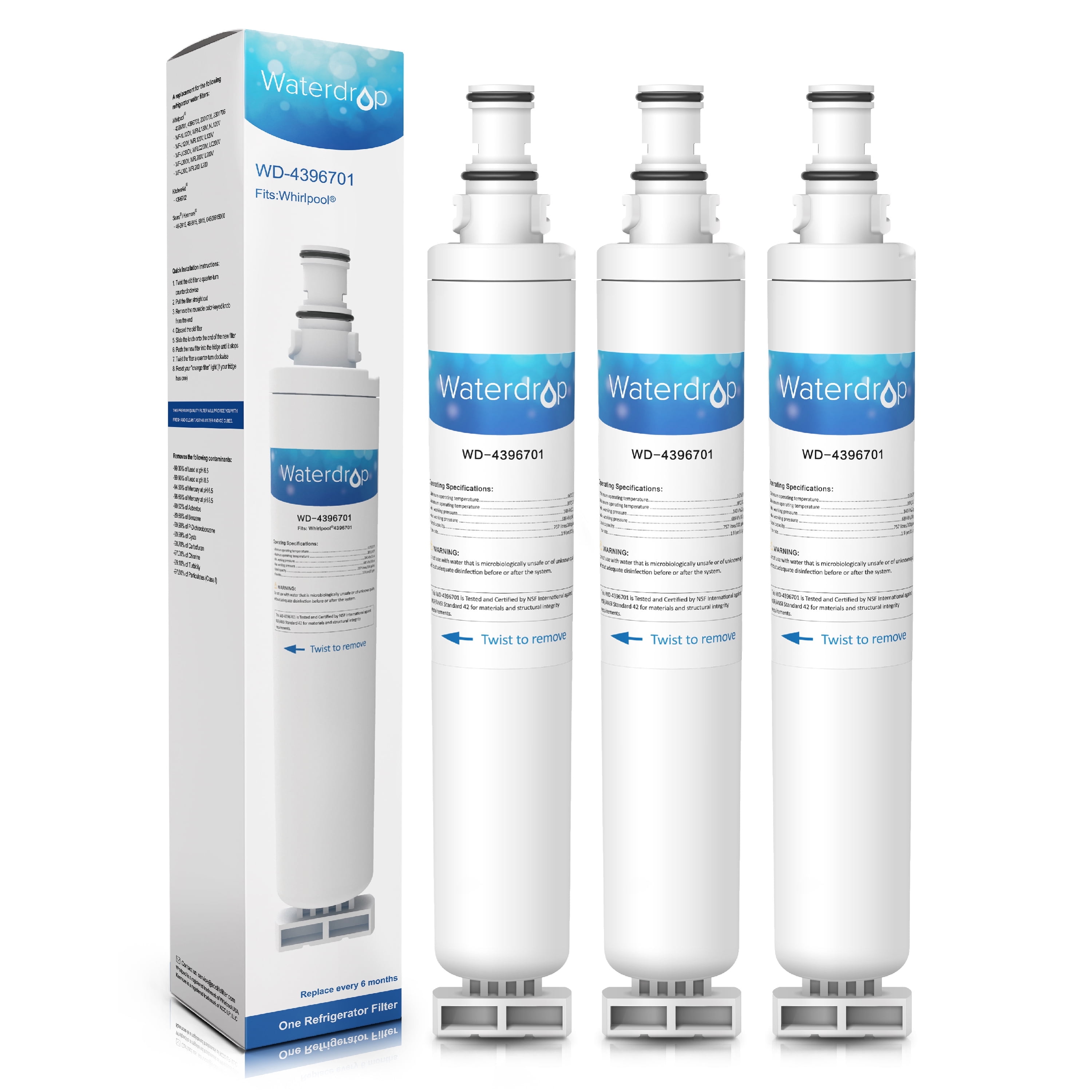 Waterdrop 4396701 Replacement for Whirlpool EDR6D1, EveryDrop Filter 6, Kenmore 9915,Refrigerator Water Filter, 3 Pack