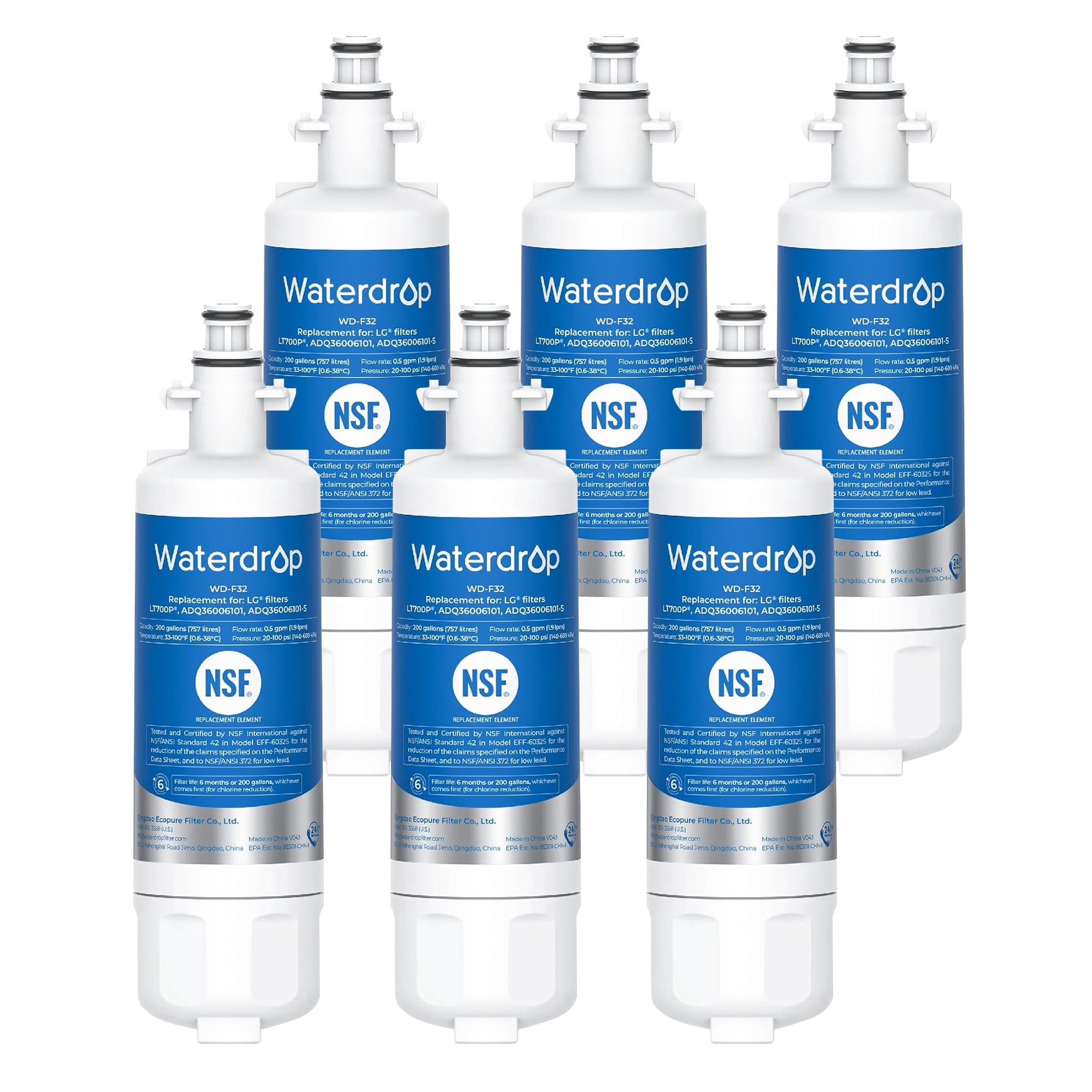 Waterdrop 469690 ADQ36006101 Refrigerator Water Filter, Replacement for LG® LT700P®, Kenmore 469690, 9690, ADQ36006102, Standard, Pack of 6