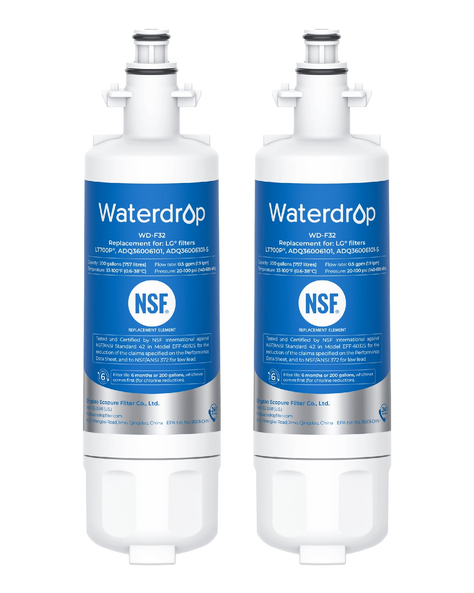Waterdrop 469690 ADQ36006101 Refrigerator Water Filter, Replacement for LG® LT700P®, ADQ36006102, Kenmore® 9690, LFXS30766S, LFXS24623S, FML-3, RFC1200A, RWF1200A, WSL-3, Pack of 2
