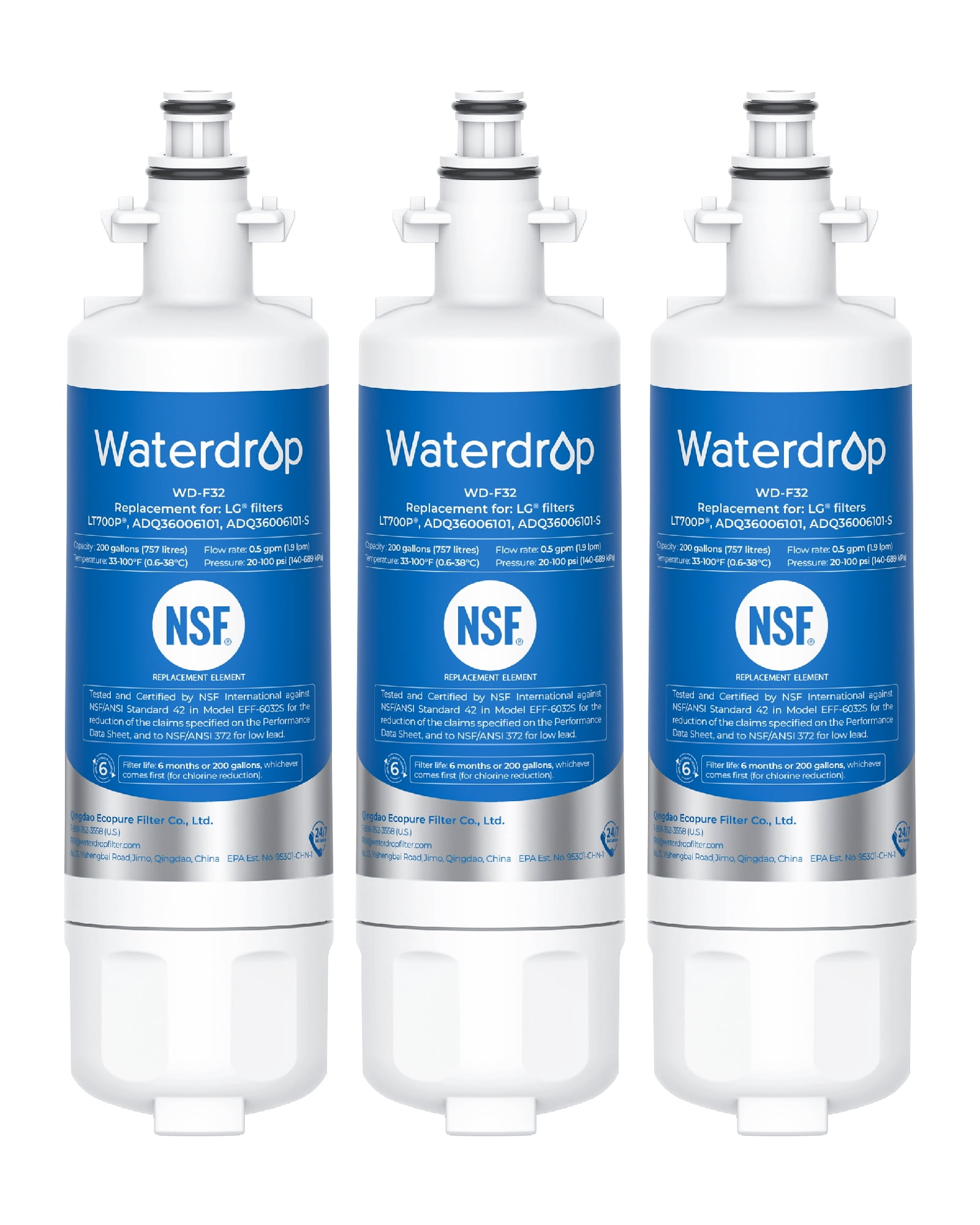 Waterdrop 469690 ADQ36006101 Refrigerator Water Filter, Replacement for LG® LT700P® , ADQ36006102, Kenmore 9690, LFXS30766S, LFXS24623S, FML-3, RFC1200A, RWF1200A, WSL-3, Pack of 3