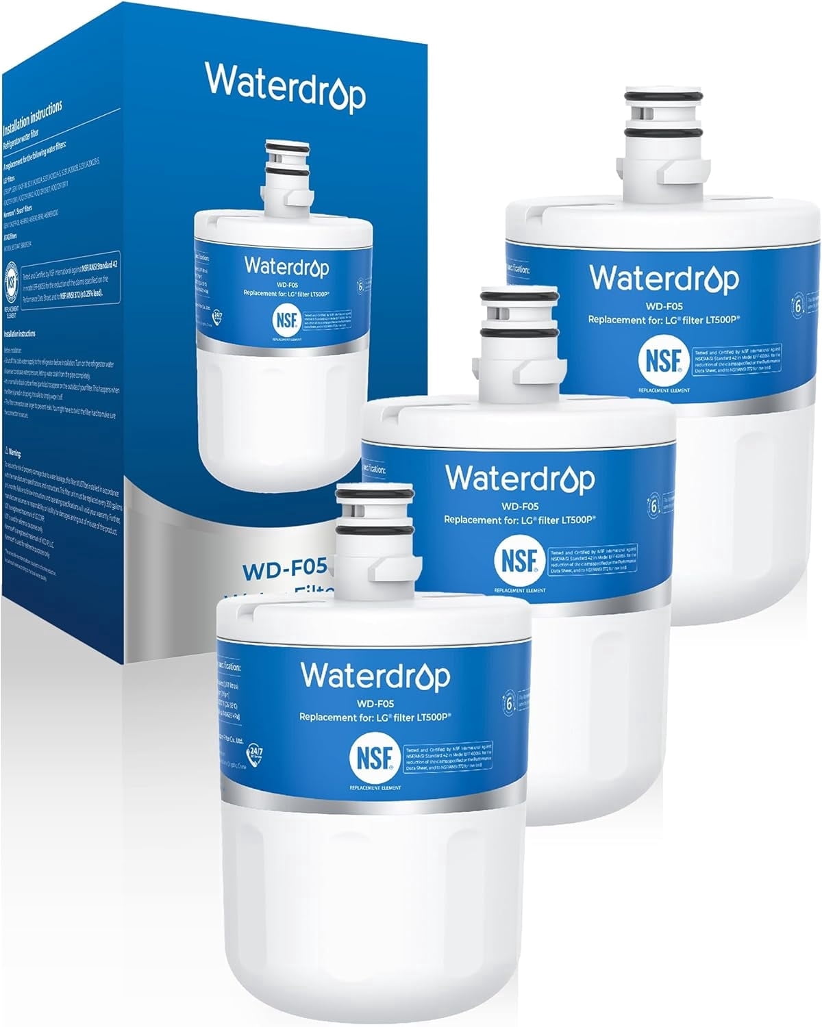 Waterdrop F05 Refrigerator Water Filter, Replacement for LG® LT500P®, GEN11042FR-08, ADQ72910911, ADQ72910901, Kenmore® 9890, 46-9890, LFX25974ST, LMX25964ST, 3 Pack
