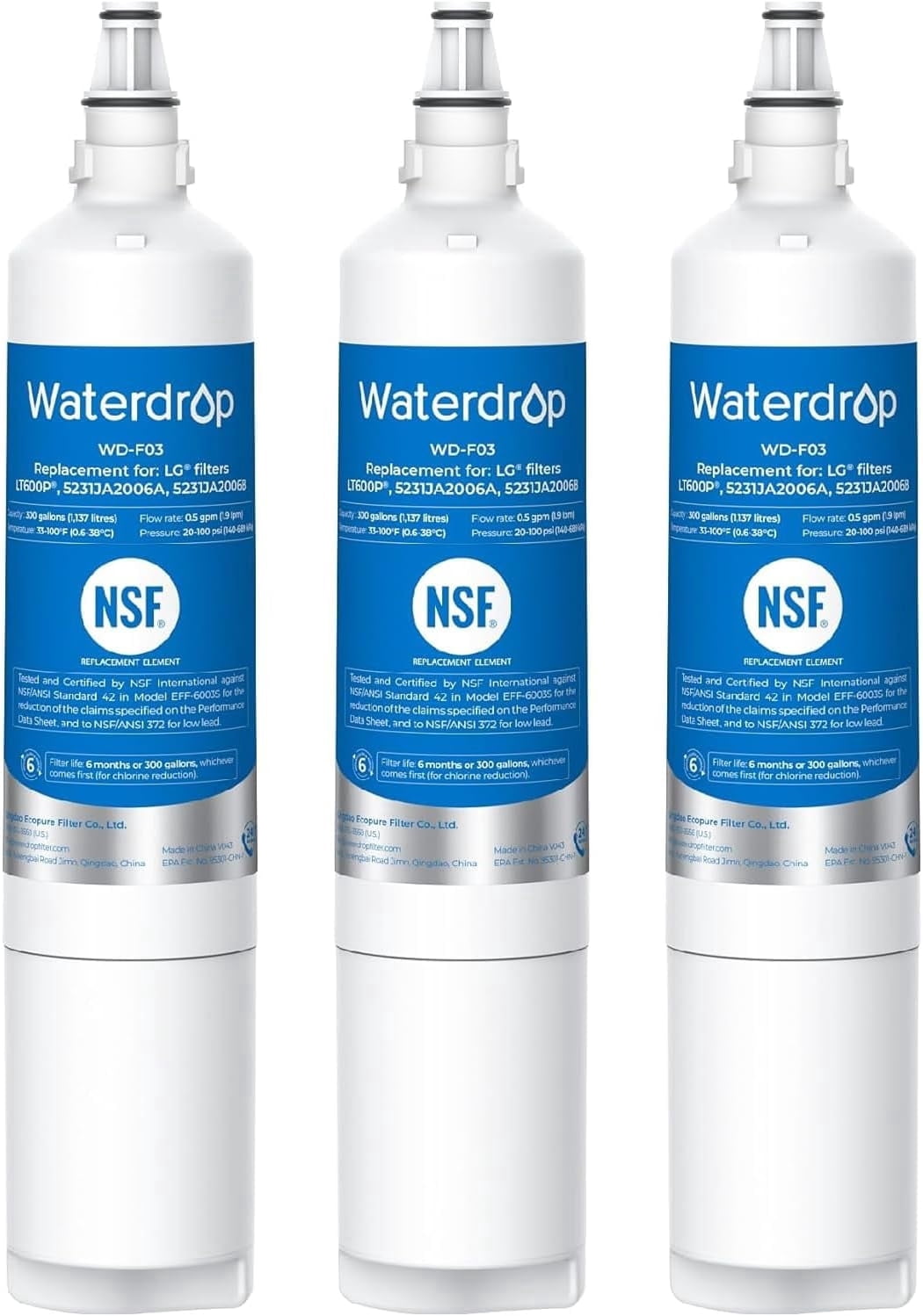 Waterdrop F03 Refrigerator Water Filter Replacement for LG® LT600P® , fml-2, KENMORECLEAR® 46-9990, KENMORE® 9990, 5231JA2006B, RWF1000A, LFX25960ST, LSC27931ST, 3 Filters