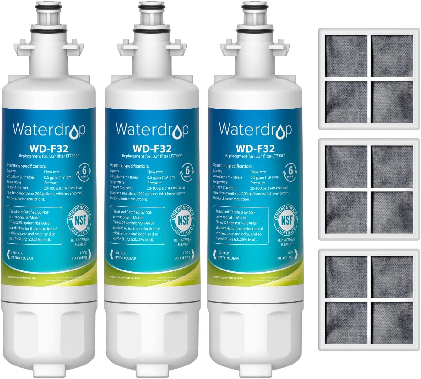 Waterdrop 6-Piece Refrigerator Water Filter and Air Filter Set