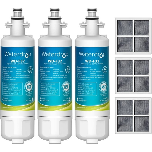 Waterdrop ADQ36006101 Replacement for LG® LT700P® Refrigerator Water Filter, Kenmore® 9690, 469690, ADQ36006102, LFXS30766S, RFC1200A, FML-3 and LT120F® Fresh Air Filter, 3 Combo, package may vary
