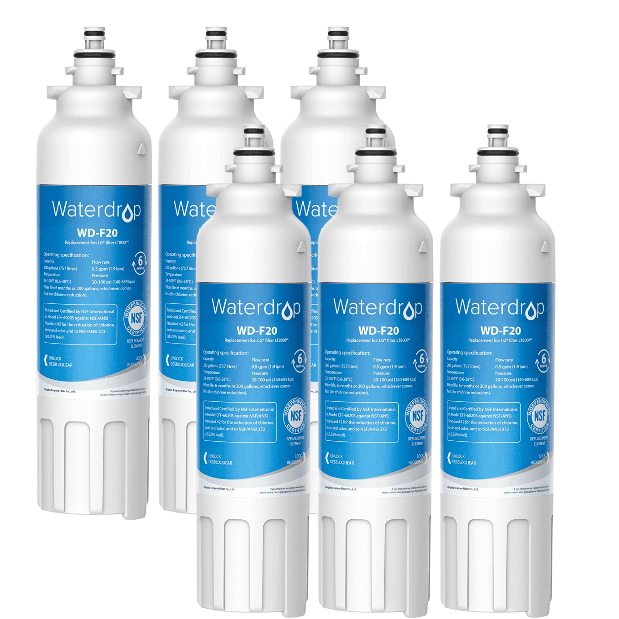 Waterdrop ADQ73613401 Replacement for LG LT800P, ADQ73613402, ADQ73613408, ADQ75795104, Kenmore 9490, LSXS26326S, LMXC23746S, LSXS26366S, Refrigerator Water Filter, Pack of 6 ( pack may vary)