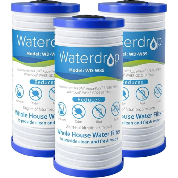 Waterdrop AP810 Whole House Water Filter, Replacement for AP810, AP801, AP811, WHKF-DWHBB, 5 Micron, 10" x 4.5", Well & Tap Water Filter, Pack of 3