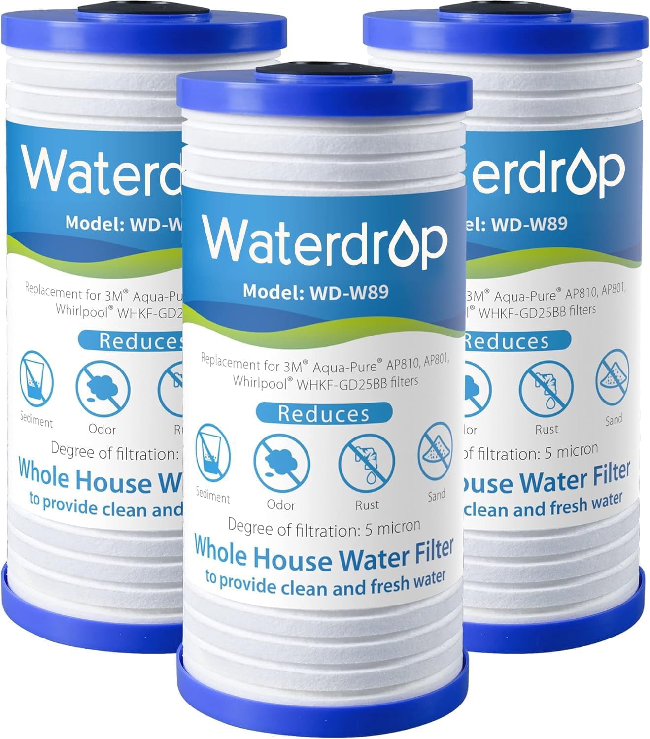 Waterdrop AP810 Whole House Water Filter, Replacement for AP810, AP801, AP811, WHKF-DWHBB, 5 Micron, 10" x 4.5", Well & Tap Water Filter, Pack of 3
