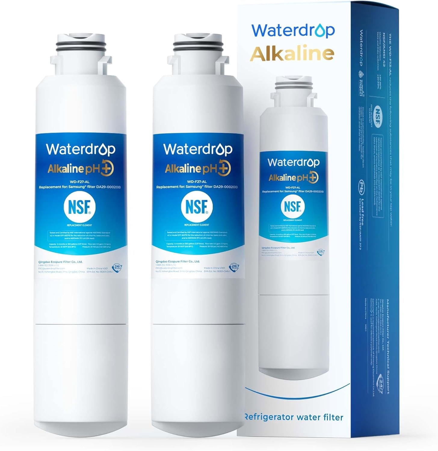 Waterdrop Alkaline WD-F27-AL Replacement for Samsung® Refrigerator Water Filter HAF-CIN/EXP, DA29-00020B, HAF-CIN, DA97-08006A-1, RF28HMEDBSR, RF263BEAESR, RS25J500DSR, RF263TEAESG, 2 Pack