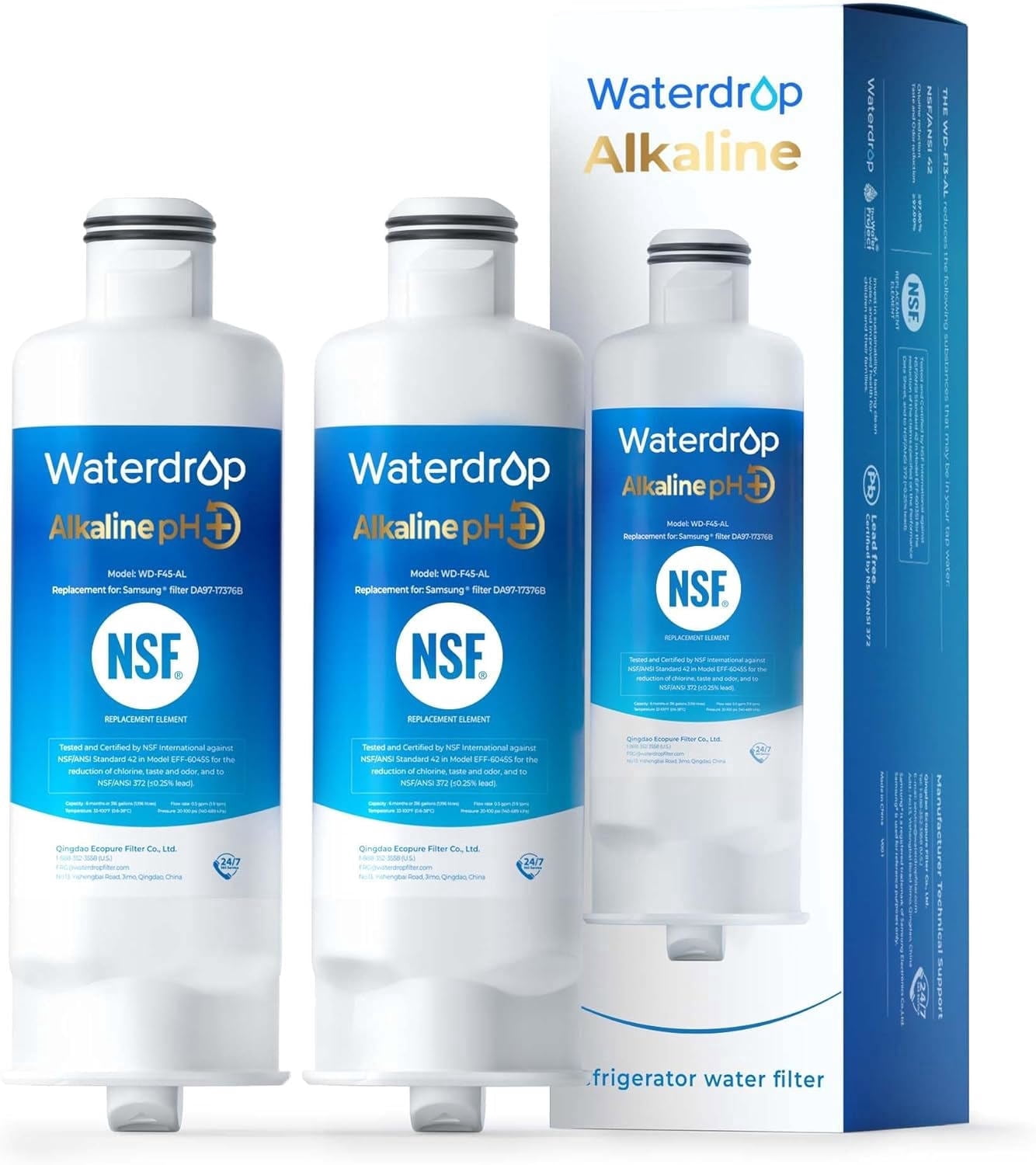 Waterdrop Alkaline WD-F45-AL Refrigerator Water Filter, Replacement for Samsung® DA97-17376B HAF-QIN/EXP, DA97-08006C, RF28R7201SR, RF28R7351SG, Enhances pH, 2 Pack