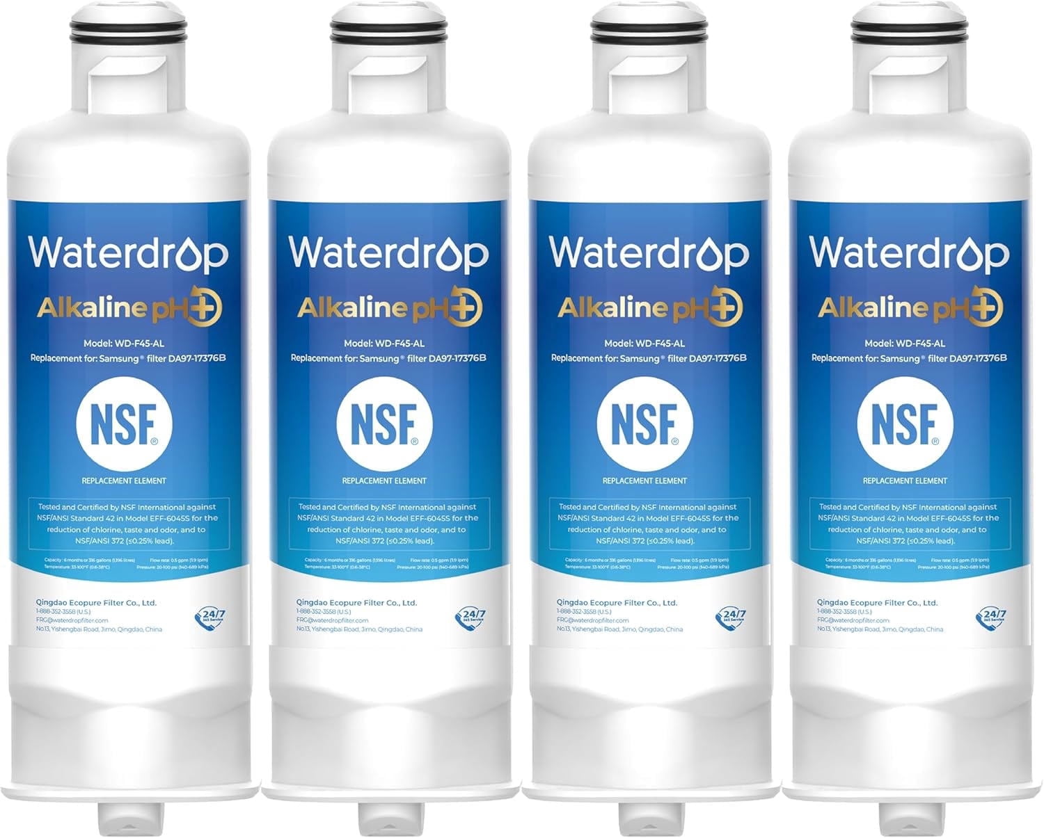 Waterdrop Alkaline WD-F45-AL Refrigerator Water Filter, Replacement for Samsung® DA97-17376B HAF-QIN/EXP, DA97-08006C, RF28R7201SR, RF28R7351SG, Enhances pH, 4 Pack