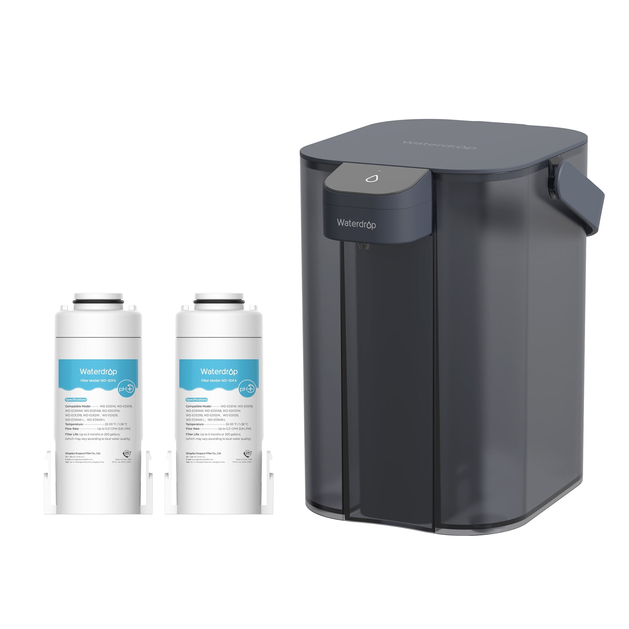 Waterdrop Alkaline Electric Water Filter Pitcher, Dispenser, NSF/ANSI 42, 200-Gallon, 5X Times Long-Life Countertop Water Filter System, Reduce PFOA/PFOS, Chlorine, Lead, 15-Cup, Blue, with 2 Filter