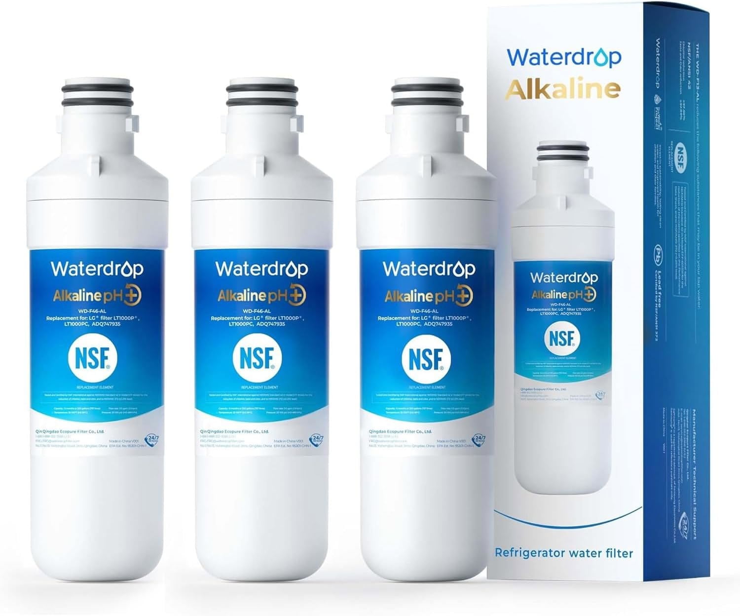 Waterdrop Alkaline LT1000PC ADQ747935 Replacement for LG LT1000P/PC/PCS ThinQ Refrigerator Water Filter, LFXS26973S, LMXS28626S, LMWS27626S, LFXS28596S, LFXS26596S, Enhance PH, 3 Filters