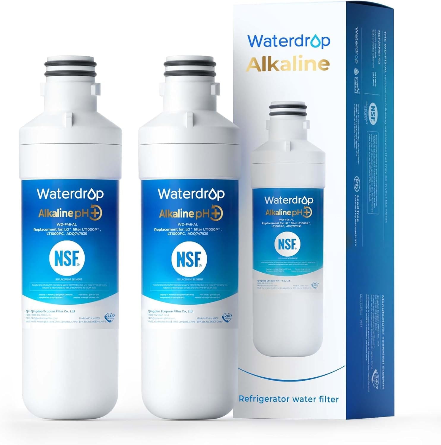 Waterdrop Alkaline LT1000PC ADQ747935 Replacement for LG LT1000P/PC/PCS ThinQ Refrigerator Water Filter, LFXS26973S, LMXS28626S, LMWS27626S, LFXS28596S, LFXS26596S, Enhance PH, 2 Filters