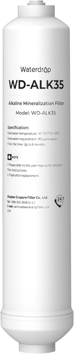 Waterdrop Alkaline Water Filter WD-ALK35, Alkaline Filter for Reverse Osmosis System, pH Balance and Restore Minerals for RO Alkaline Filter, Under Sink Water Filter, 1/4" Quick Connect