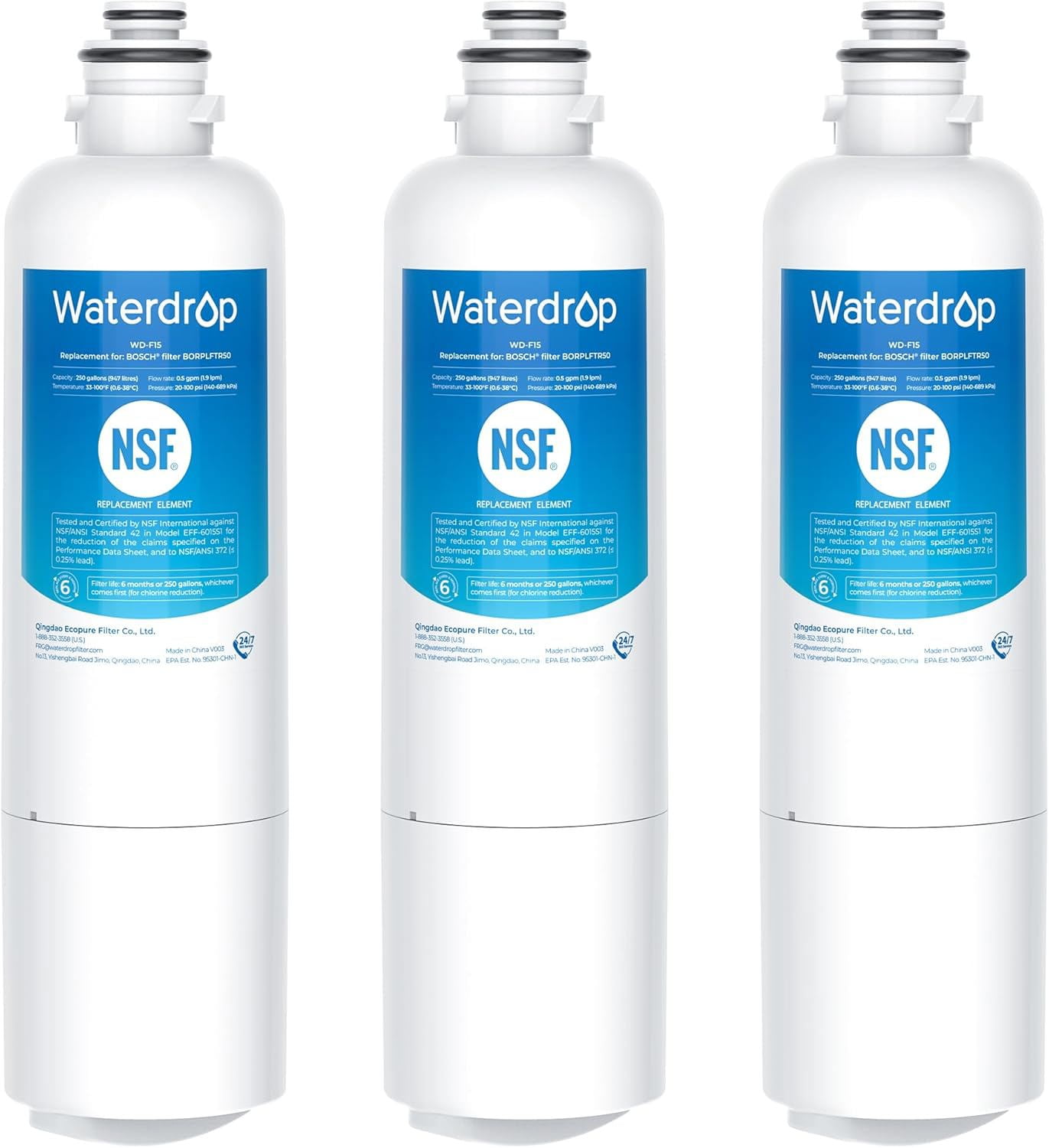 Waterdrop BORPLFTR50 Replacement for Bosch Ultra Clarity Pro 11032531, 12033030, 11025825, BORPLFTR55, B36CD50SNS, B36CT80SNS, B36CL80ENS, B36FD50SNS, WFC100MF, Refrigerator Water Filter, 3 Filters