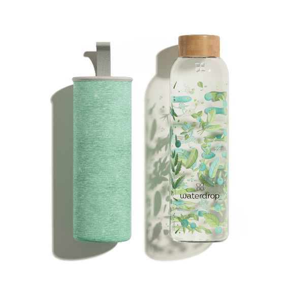 Waterdrop BPA Free Glass Water Bottle Insulating Neoprene Sleeve & Bamboo Lid,Clean, 20 Fluid Ounces