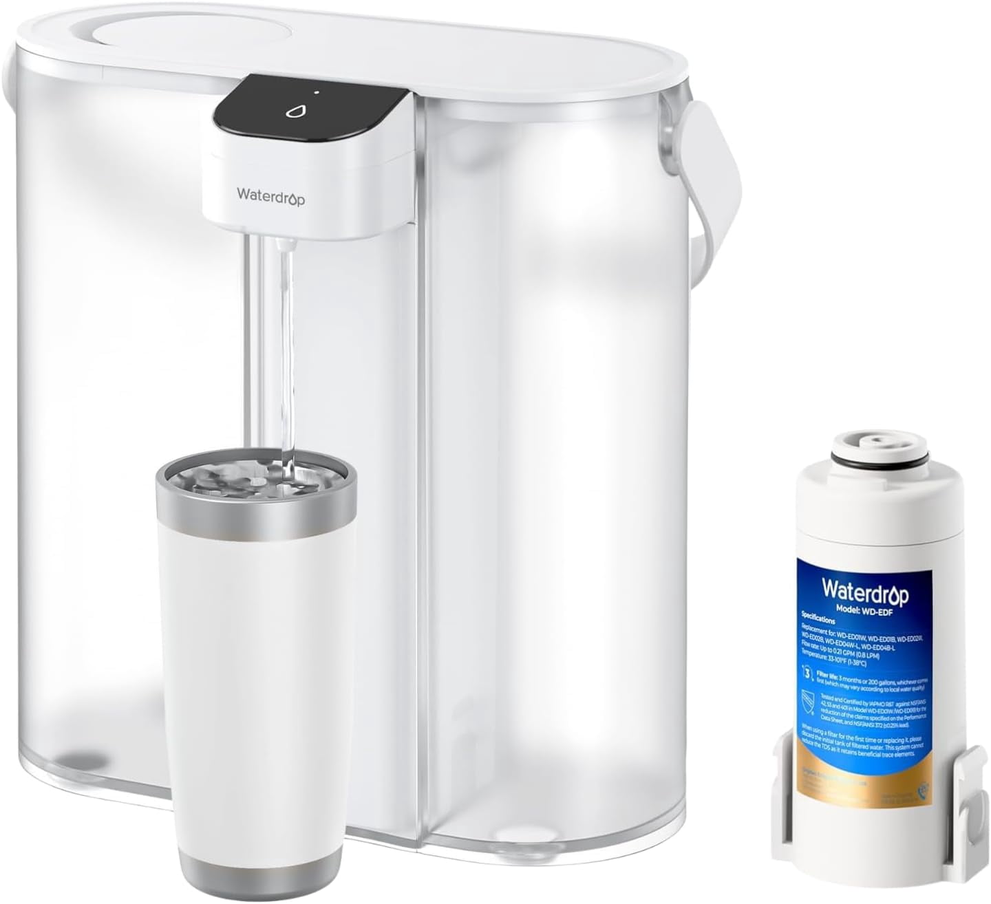 Waterdrop Compact Electric Water Filter Pitcher, 200-Gallon Rechargeable Instant Powerful Dispenser, NSF/ANSI 42&53&401, 14-Cup, White, with 1 Filter, NOT Reduce TDS