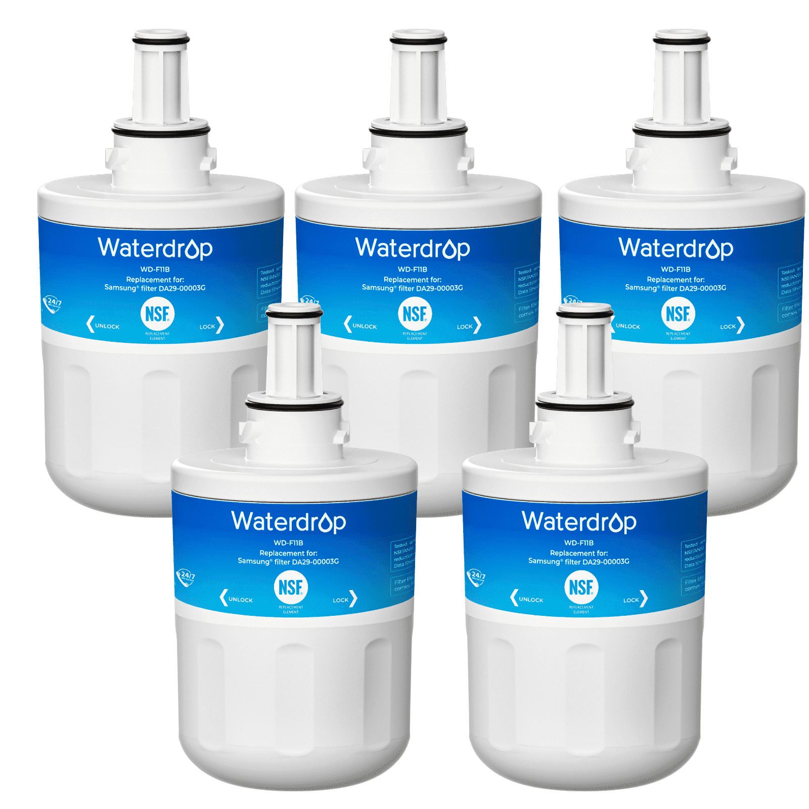 Waterdrop F11 Refrigerator Water Filter Replacement for Samsung® DA29-00003G, DA29-00003B, DA29-00003A, Aqua-Pure Plus, HAFCU1, RFG237AARS, FMS-1, RS22HDHPNSR, RSG257AARS, WSS-1,5 Pack