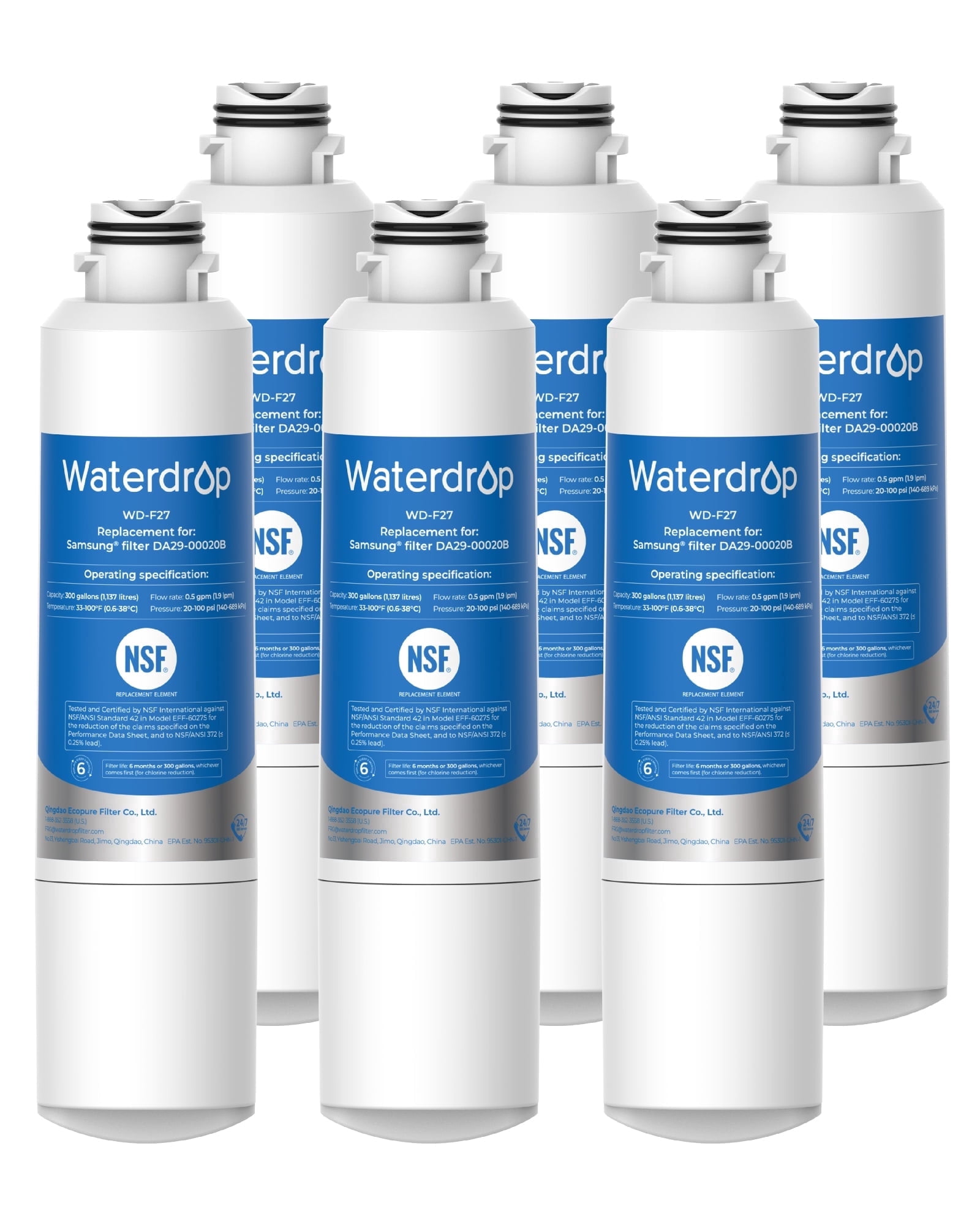Waterdrop F27 Refrigerator Water Filter, Replacement for Samsung® DA29-00020B ,HAF-CIN/EXP, DA29-00020A/B, RF263BEAESR, RF28HMEDBSR, RF263TEAESG, RF4287HARS,6 Filter