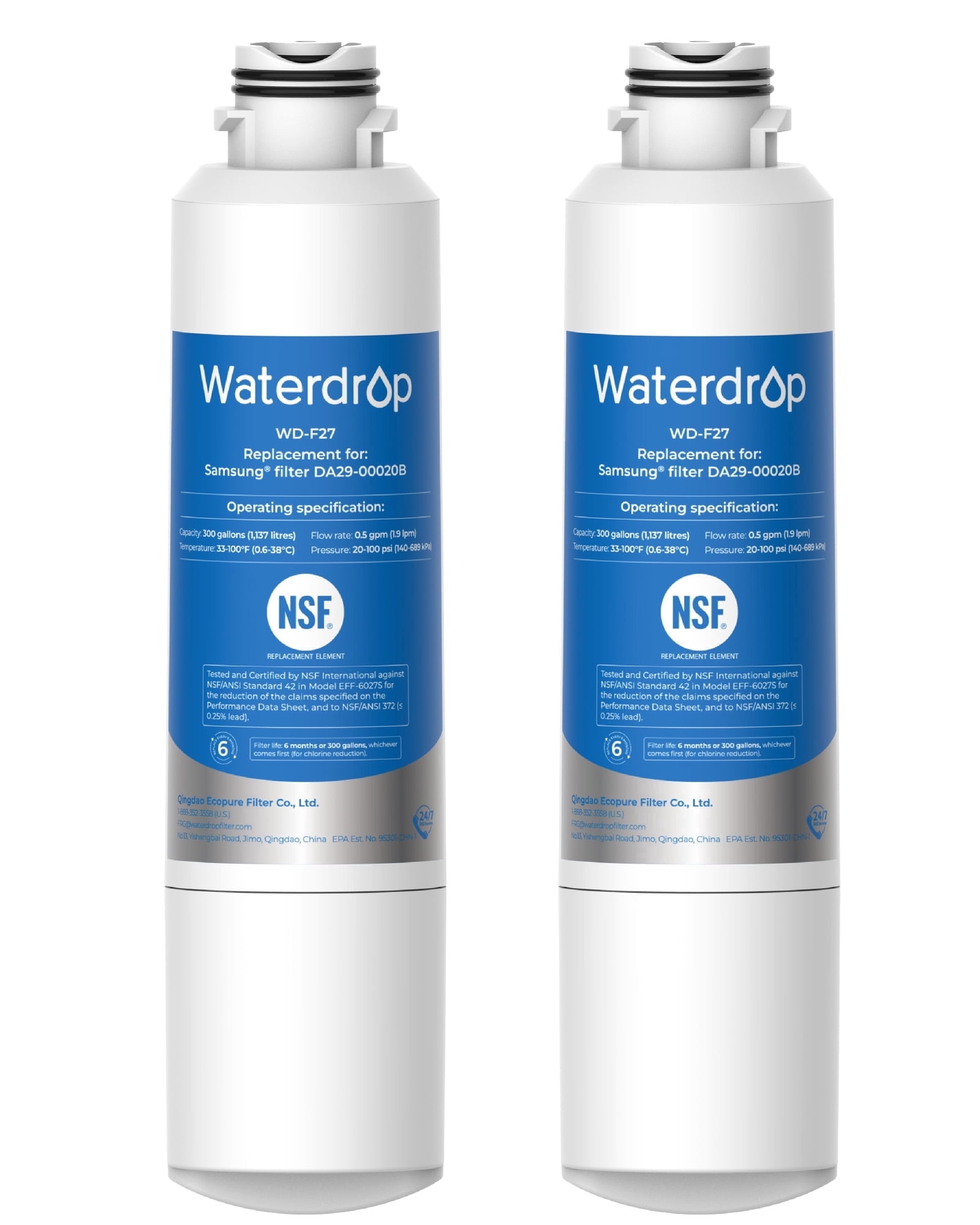 Waterdrop F27 Refrigerator Water Filter, Replacement for Samsung® DA29-00020B,HAF-CIN/EXP, DA29-00020B-1, RF263TEAESG, RF4287HARS, Reduce Chlorine, bad Taste and Odor, 2 Filters