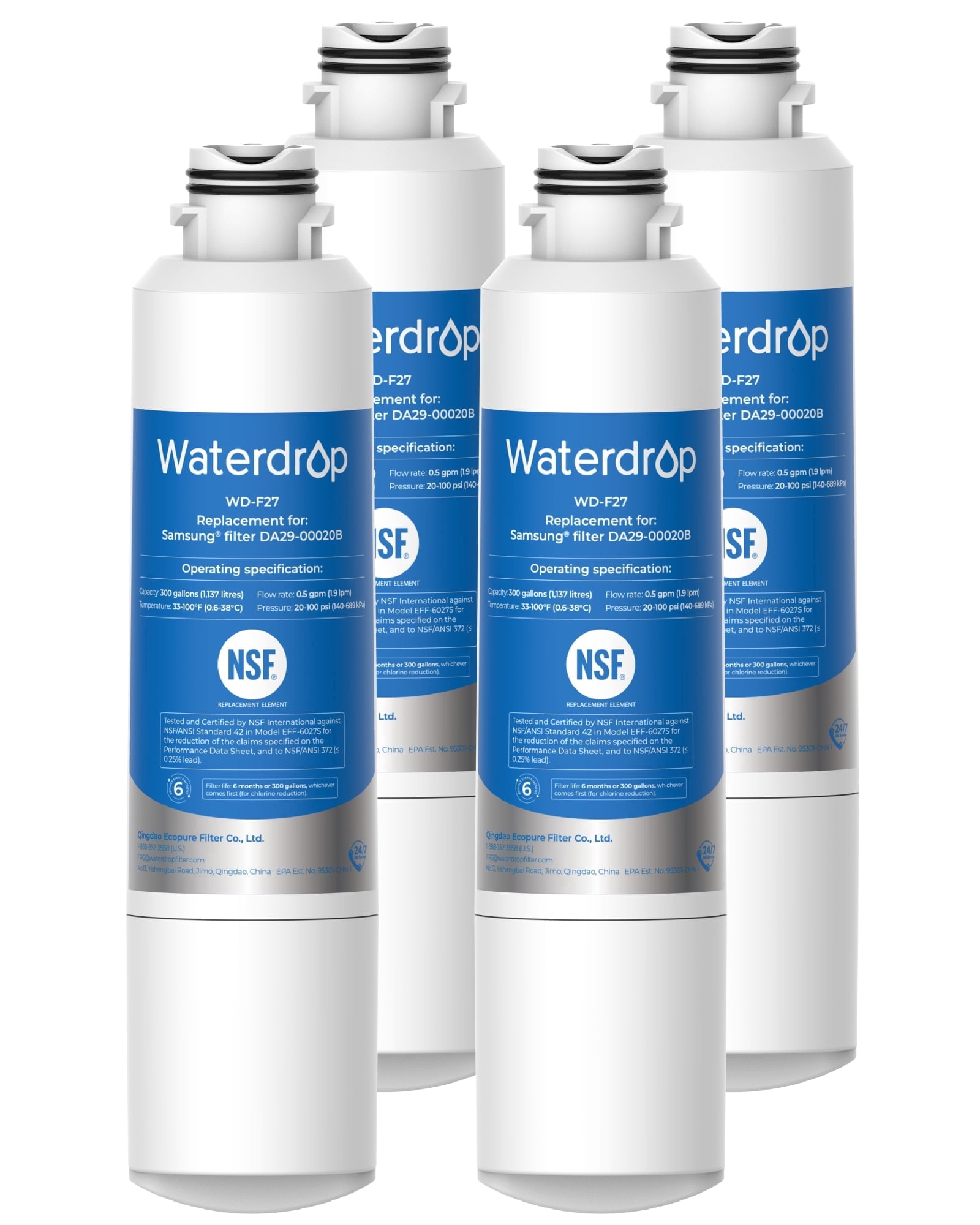 Waterdrop F27 Refrigerator Water Filter Replacement for Samsung®DA29-00020B HAF-CIN/EXP, HAF-CINRF28HMEDBSR, RF263BEAESR, RS25J500DSR, RF263TEAESG, HDX FMS-2, DA97-08006A-1, 4 Filters