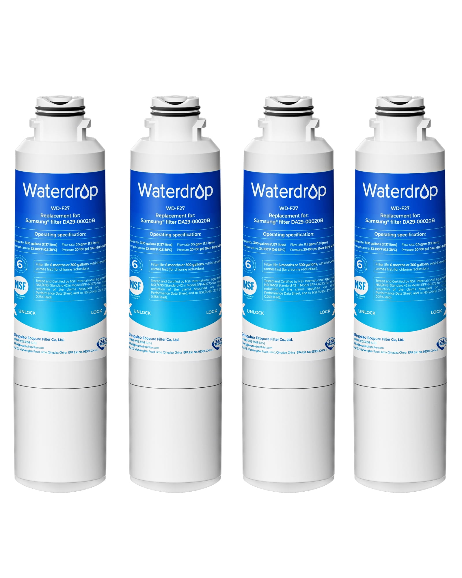Waterdrop WD-F27  Refrigerator Water Filter Replacement for Samsung®DA29-00020B,HAF-CIN/EXP, HAF-CIN, RF28HMEDBSR, RF263BEAESR, RS25J500DSR, RF263TEAESG, HDX FMS-2, DA97-08006A-1, 4 Pack
