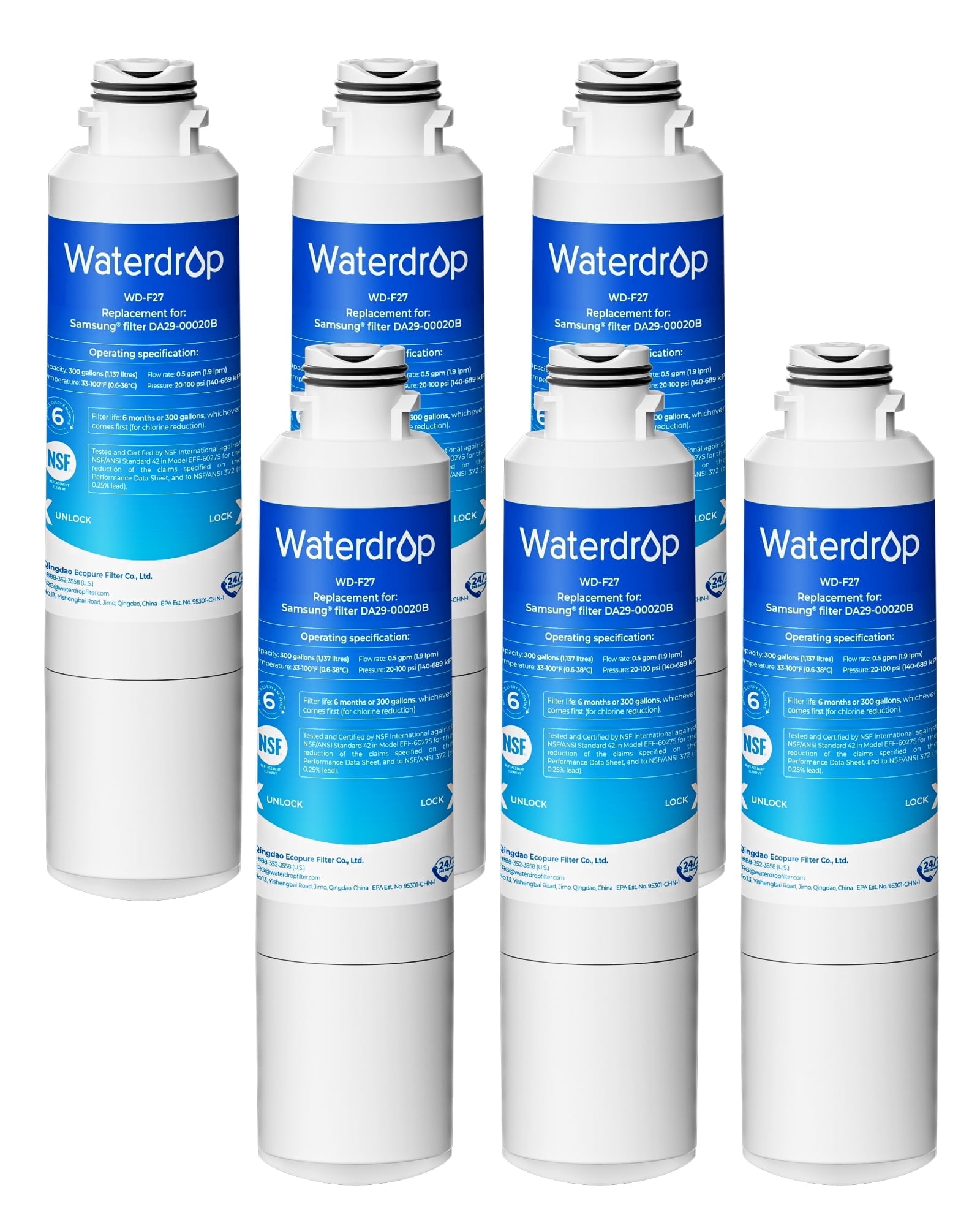 Waterdrop F27 Refrigerator Water Filter Replacement for Samsung®DA29-00020B HAF-CIN/EXP, HAF-CINRF28HMEDBSR, RF263BEAESR, RS25J500DSR, RF263TEAESG, HDX FMS-2, DA97-08006A-1,6 Pack