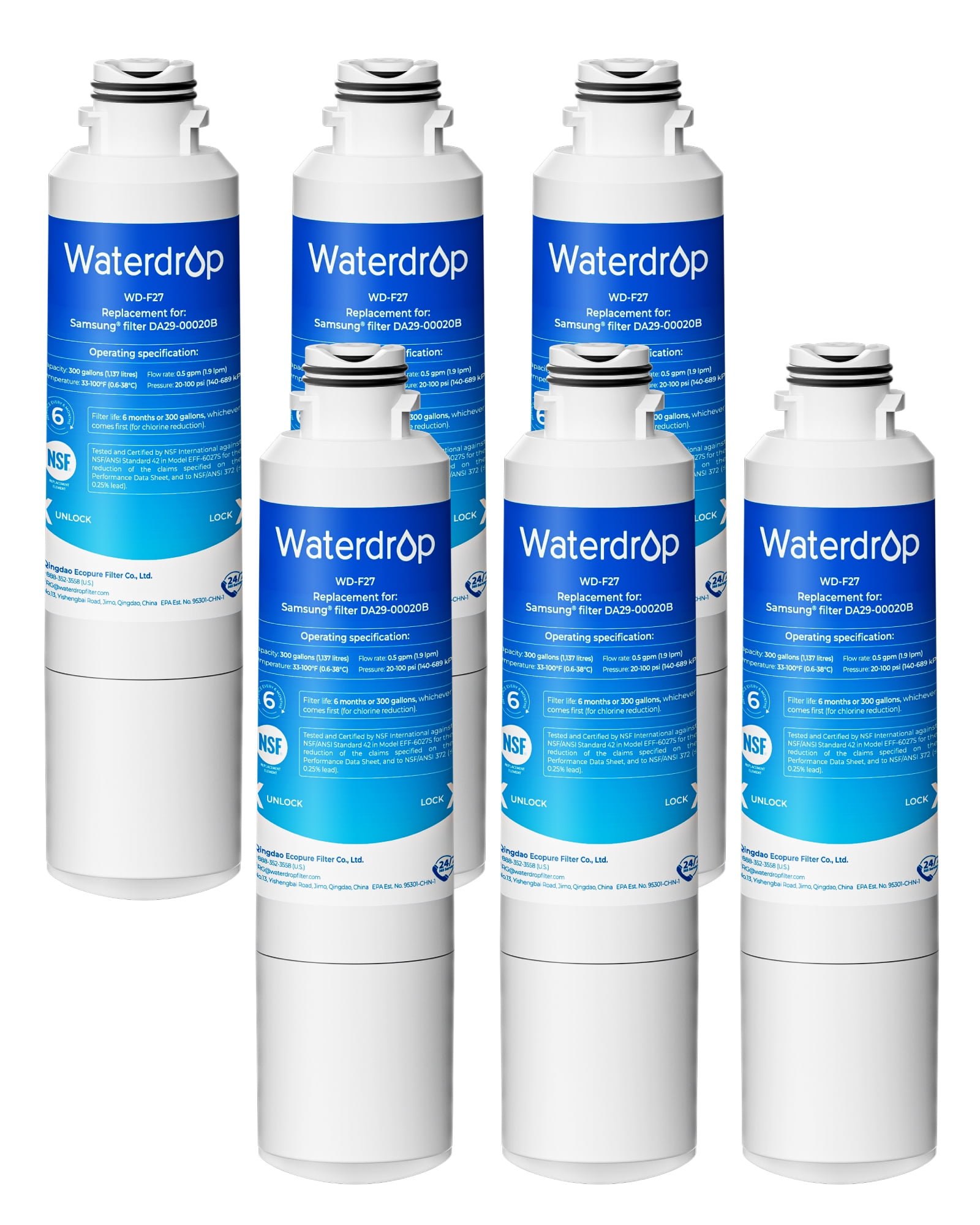 Waterdrop F27 Refrigerator Water Filter Replacement for Samsung®DA29-00020B HAF-CIN/EXP, HAF-CINRF28HMEDBSR, RF263BEAESR, RS25J500DSR, RF263TEAESG, HDX FMS-2, DA97-08006A-1, 6 Filters