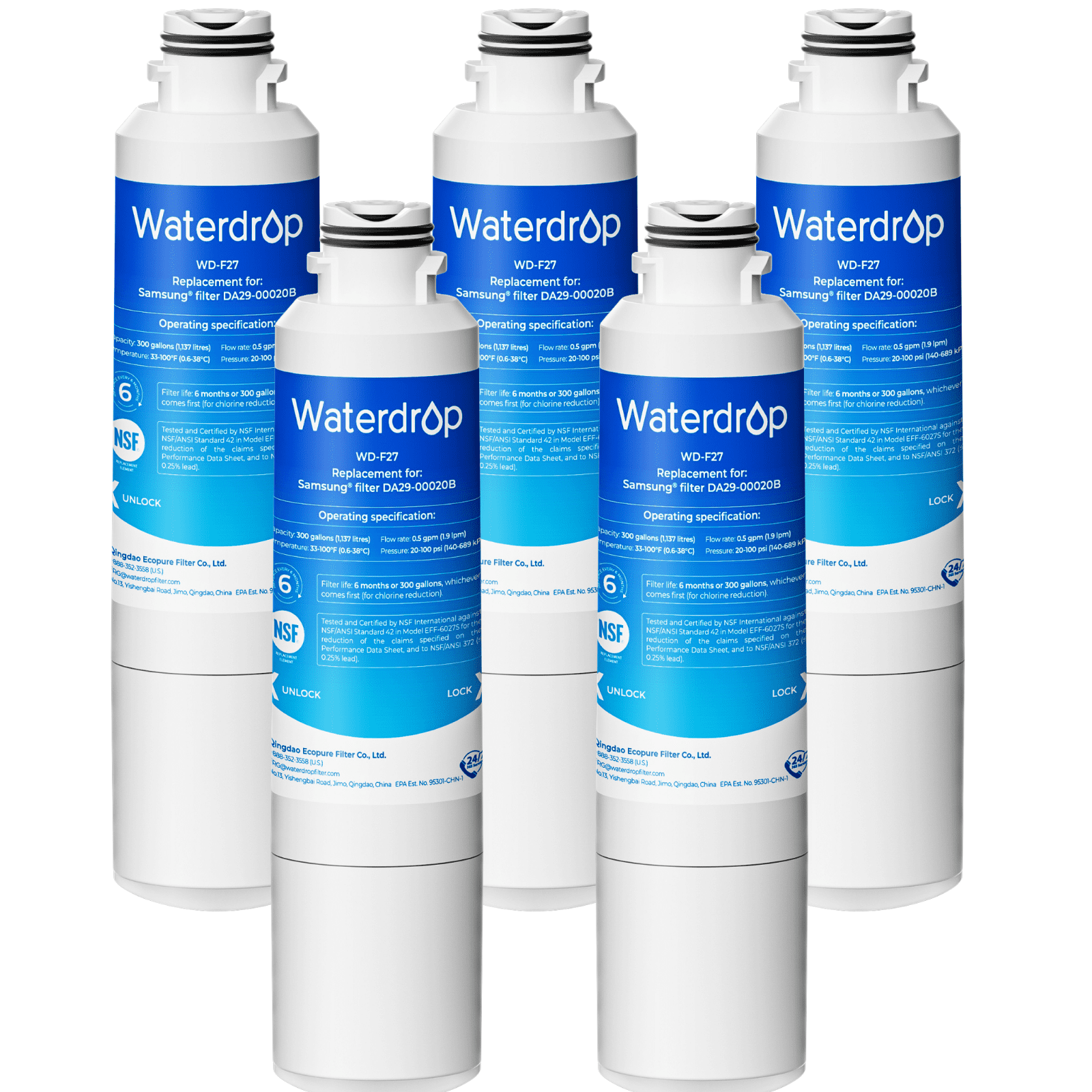 Waterdrop F27 Water Filter Replacement for Samsung® DA29-00020B, HAF-CIN/EXP, HAF-CIN, DA29-00020B-1, RS25J500DSR, RF263TEAESG, HDX FMS-2, DA97-08006A-1, 5 Filters