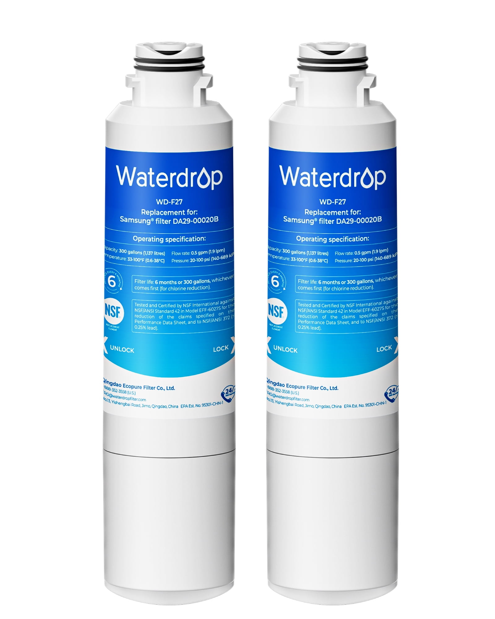 Waterdrop F27 Refrigerator Water Filter Replacement for Samsung®DA29-00020B HAF-CIN/EXP, HAF-CINRF28HMEDBSR, RF263BEAESR, RS25J500DSR, RF263TEAESG, HDX FMS-2, DA97-08006A-1,2 pack