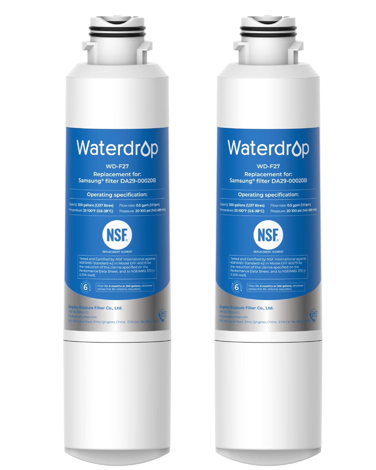 Waterdrop F27 Refrigerator Water Filter, Replacement for Samsung® DA29-00020B ,HAF-CIN/EXP, DA29-00020A/B,  RF263BEAESR, RF28HMEDBSR, RF263TEAESG, RF4287HARS,2 Pack