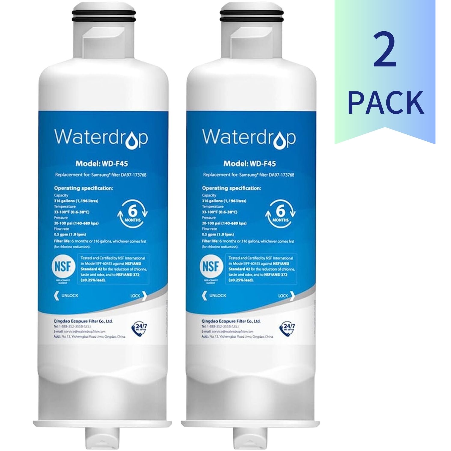 Waterdrop DA97-17376B HAF-QIN/EXP Refrigerator Water Filter, Replacement for Samsung DA97-08006C, HAF-QIN, DA97-17376B, NSF 42 Certified (2 Pack) - image 1 of 9