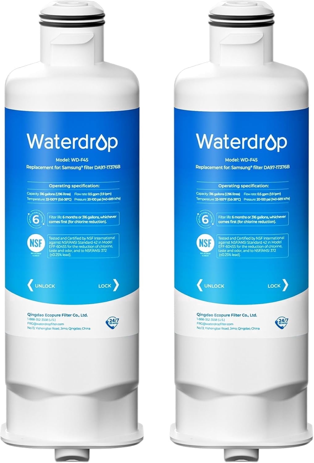 Waterdrop WD-F45 Replacement for Samsung® DA97-17376B, HAF-QIN/EXP, DA97-08006C, RF28R7201SR, RF28R7351SG, WD-F45, Refrigerator Water Filter, 2 Filters