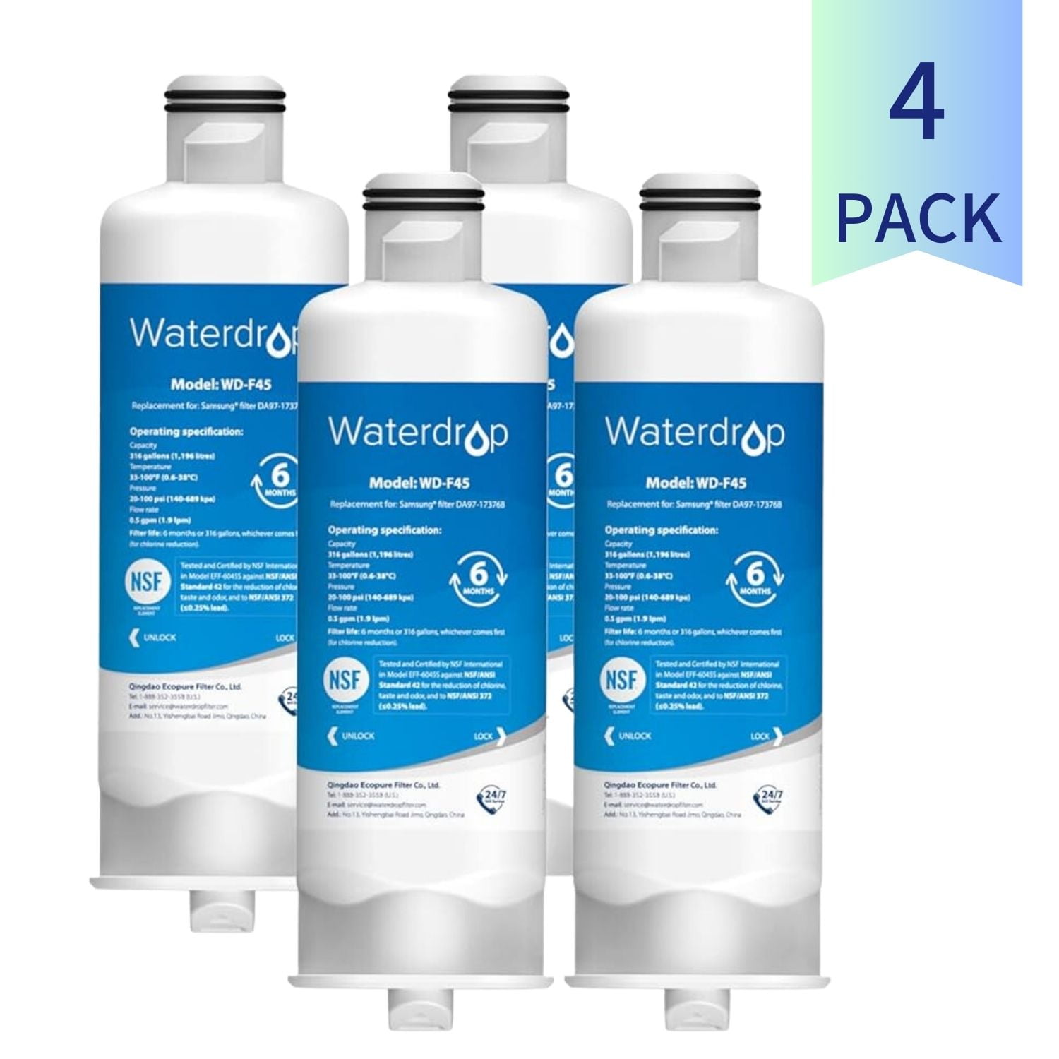Waterdrop DA97-17376B HAF-QIN/EXP Refrigerator Water Filter, Replacement for Samsung DA97-17376B, DA97-08006C, NSF 42 Certified, 4 Pack