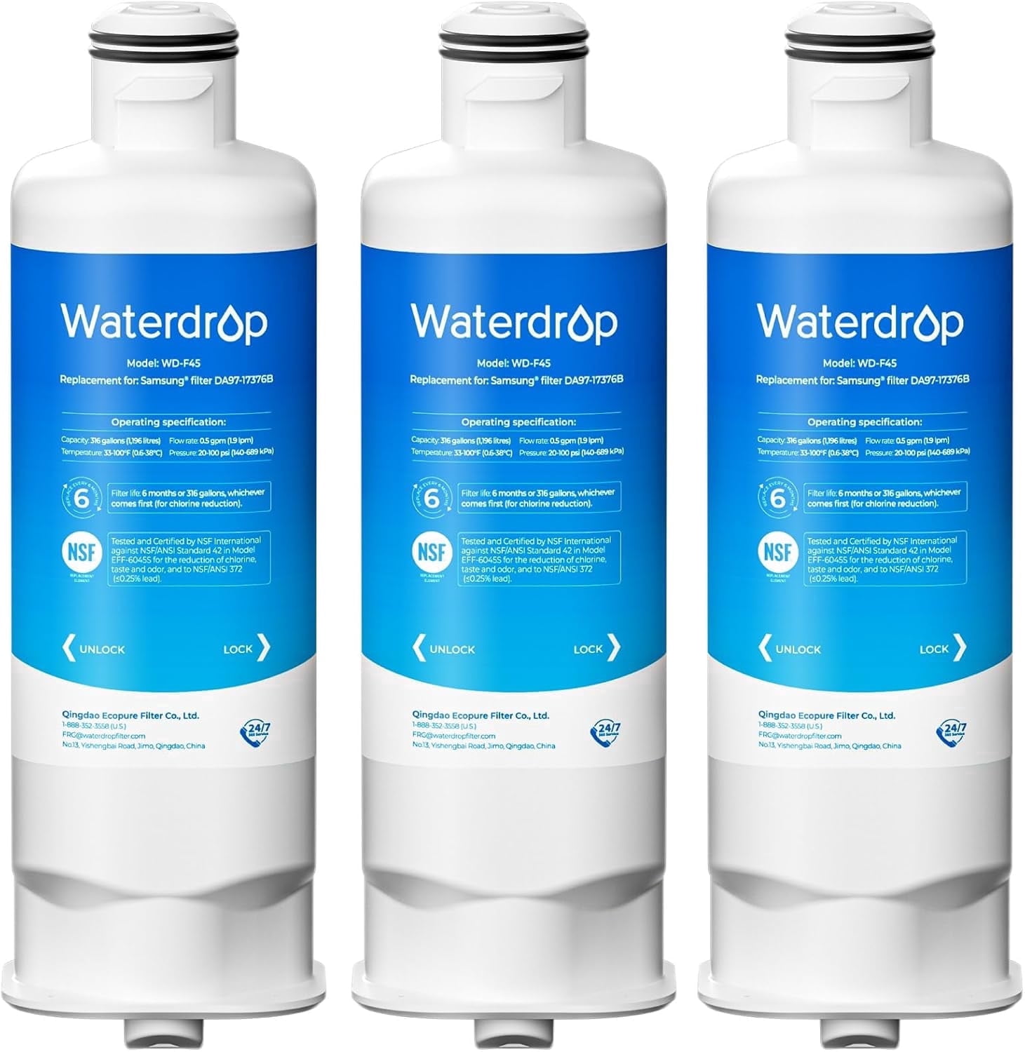 Waterdrop WD-F45 Replacement for Samsung® DA97-17376B, HAF-QIN/EXP, DA97-08006C, RF28R7201SR, RF28R7351SG, WD-F45, Refrigerator Water Filter, 3 Filters
