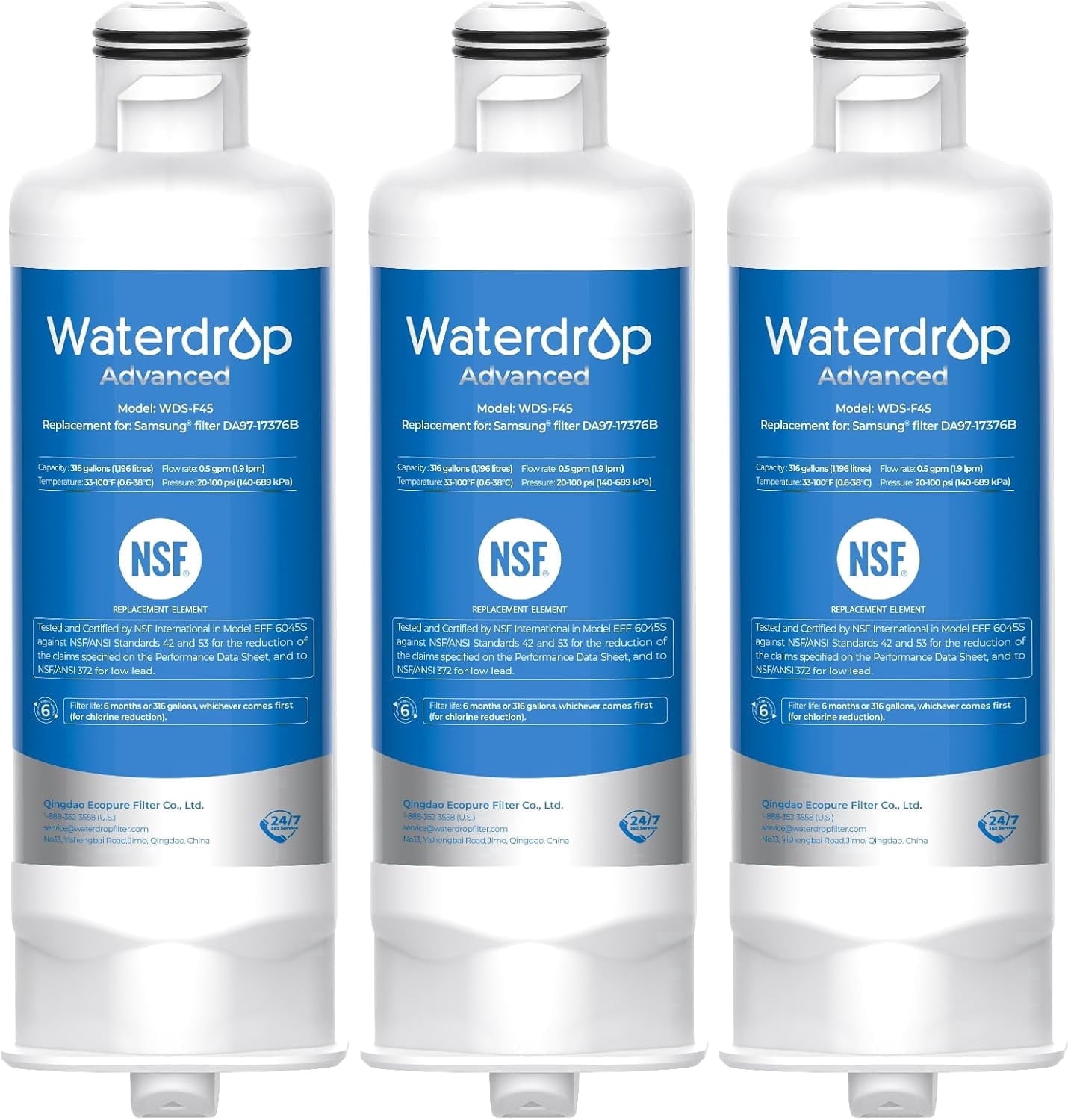 Waterdrop WDS-F45 Replacement for Samsung® DA97-17376B, HAF-QIN/EXP, DA97-08006C, RF28R7351SG, RF23M8570SR, NSF 53&42 Certified Refrigerator Water Filter, 3 Pack (Packaging May Vary)