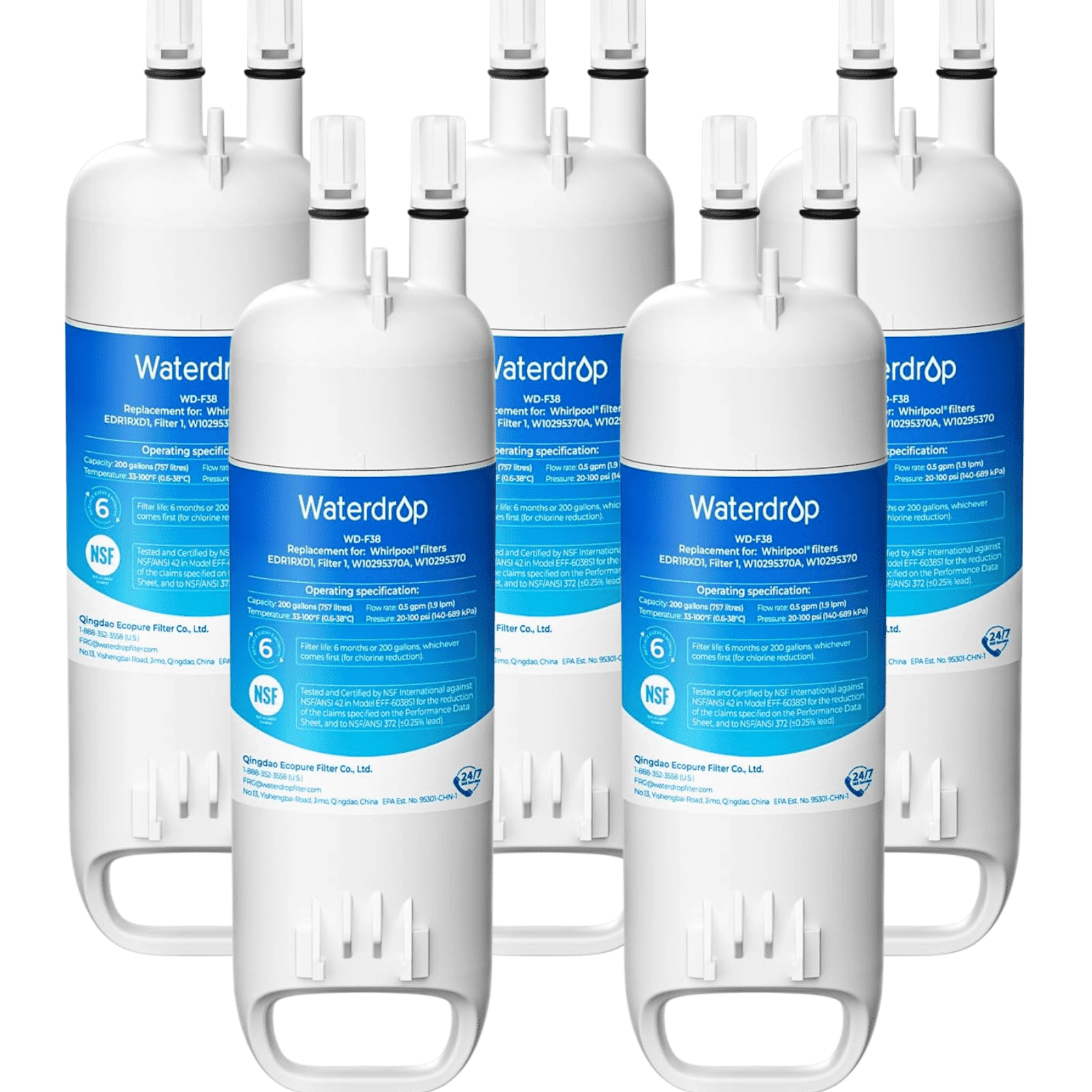 Waterdrop EDR1RXD1 Replacement for Everydrop® Filter 1,W10295370A, EDR1RXD1B, P8RFWB2L, P4RFWB, Kenmore® 46-9081, 46-9930, WD-F38 Refrigerator Water Filter, 5 Filters