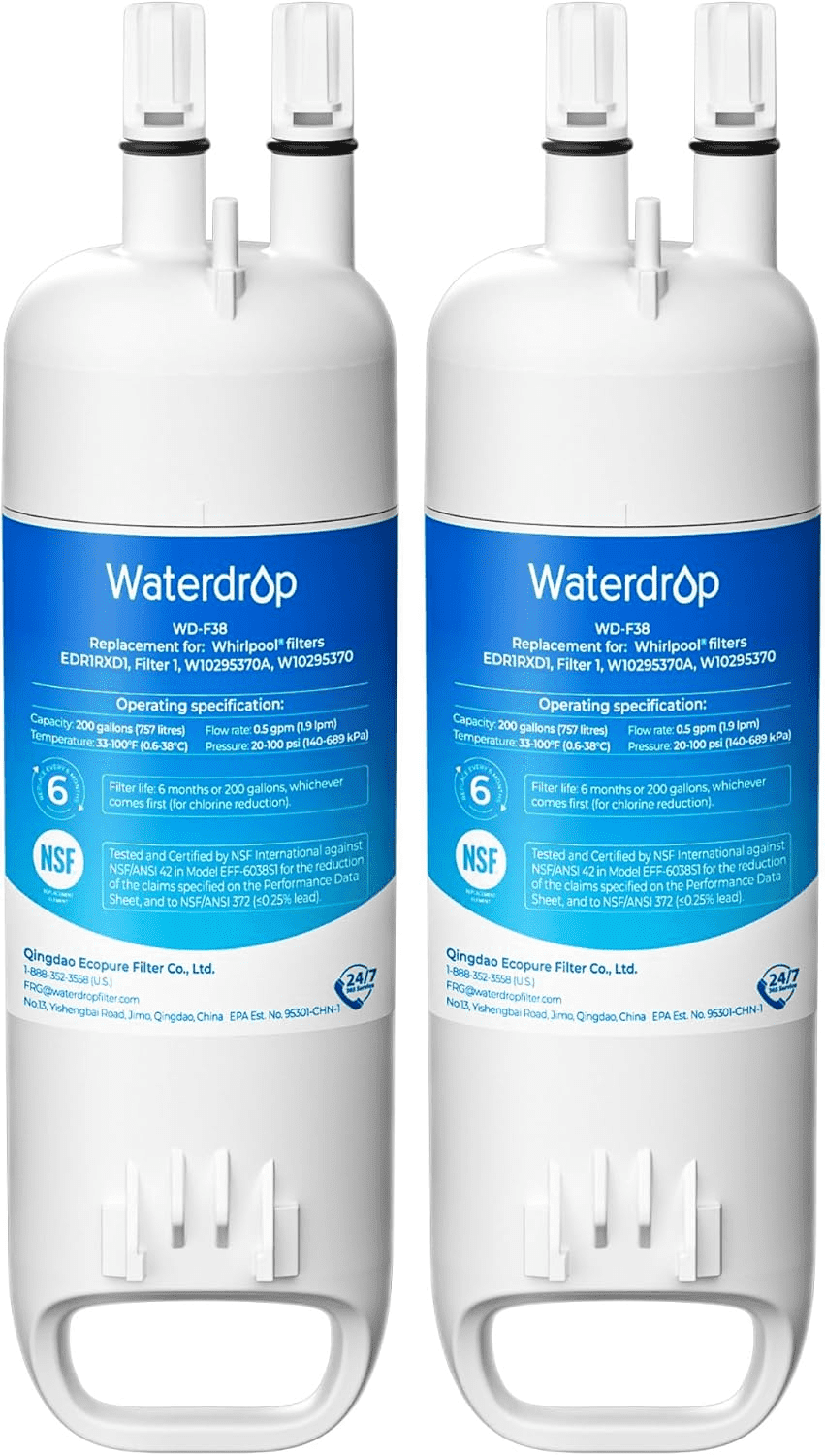 Waterdrop EDR1RXD1 Replacement for Everydrop® Filter 1,W10295370A, EDR1RXD1B, P8RFWB2L, P4RFWB, Kenmore® 46-9081, 46-9930, WD-F38 Refrigerator Water Filter, 2 Pack