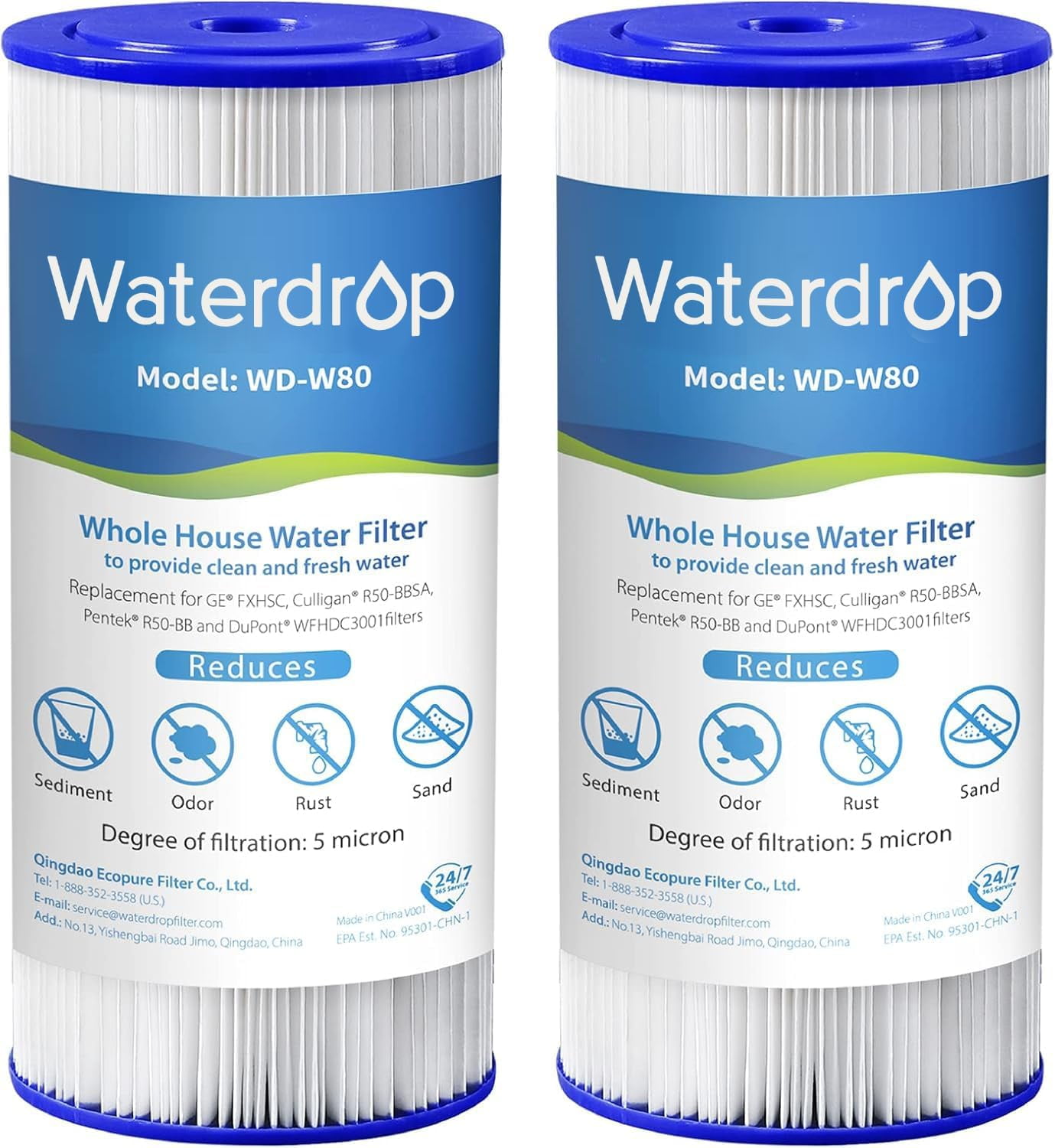Waterdrop FXHSC Whole House Water Filter, Replacement for GE® FXHSC, GXWH40L, GXWH35F, American Plumber W50PEHD, W10-PR, Culligan® R50-BBSA, 5 Micron, 10" x 4.5", High Flow Sediment Filters, (2)