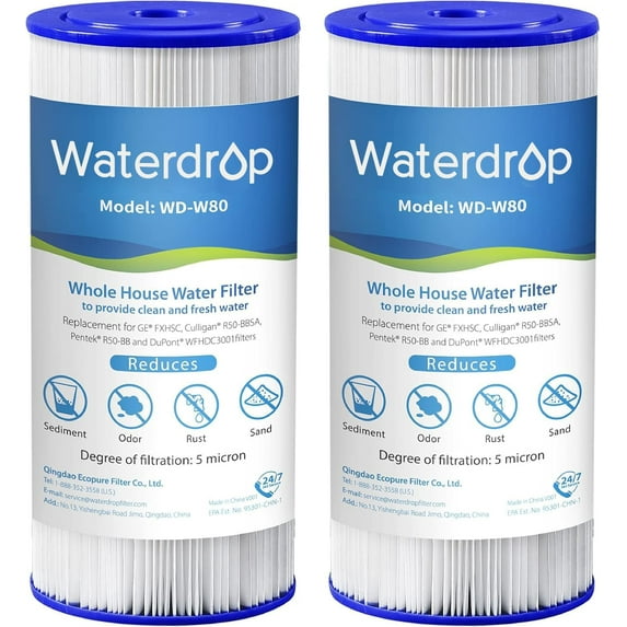 Waterdrop FXHSC Whole House Water Filter, Replacement for GE® FXHSC, GXWH40L, GXWH35F, American Plumber W50PEHD, W10-PR, Culligan® R50-BBSA, 5 Micron, 10" x 4.5", High Flow Sediment Filters, (2)
