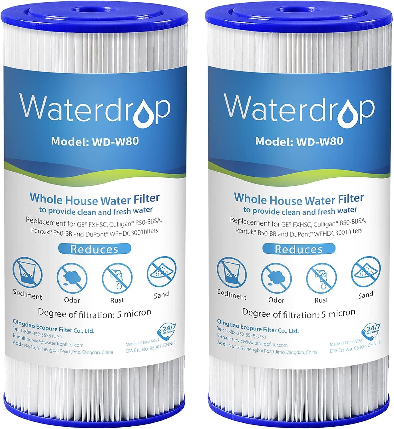 Waterdrop FXHSC Whole House Water Filter, Replacement for GE FXHSC, GXWH40L, GXWH35F, American Plumber W50PEHD, W10-PR, Culligan R50-BBSA, High Flow Sediment Filters, 5 Micron, 10" x 4.5", (2)