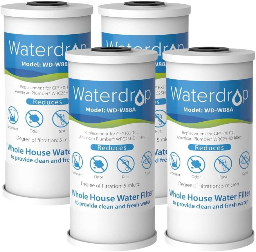 Waterdrop FXHTC Whole House Carbon Water Filter, Replacement for GE FXHTC, GXWH40L, GXWH35F, Culligan RFC-BBSA, American Plumber W10-PR, W10-BC, WRC25HD, 10" x 4.5" Cartridge, 5 Micron, Pack of 4
