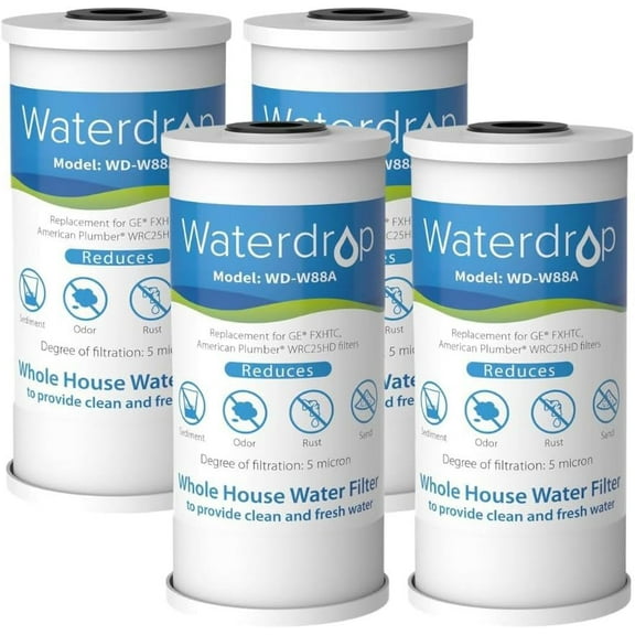 Waterdrop FXHTC Whole House Carbon Water Filter, Replacement for GE FXHTC, GXWH40L, GXWH35F, Culligan RFC-BBSA, American Plumber W10-PR, W10-BC, WRC25HD, 10" x 4.5" Cartridge, 5 Micron, Pack of 4