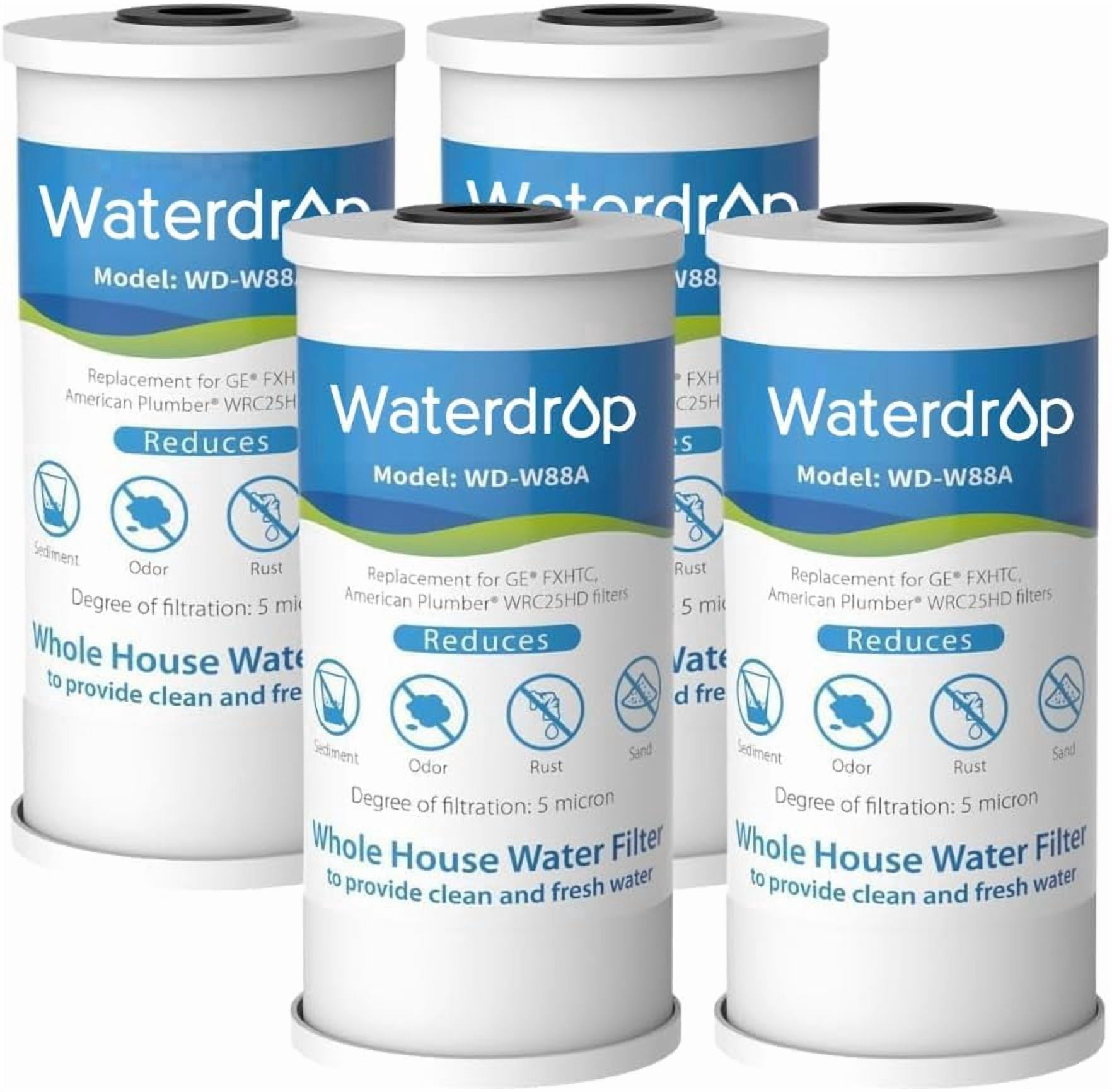 Waterdrop FXHTC Whole House Carbon Water Filter, Replacement for GE® FXHTC, GXWH40L, GXWH35F, Culligan® RFC-BBSA, American Plumber W10-PR, W10-BC, WRC25HD, 10" x 4.5" Cartridge, 5 Micron, Pack of 4