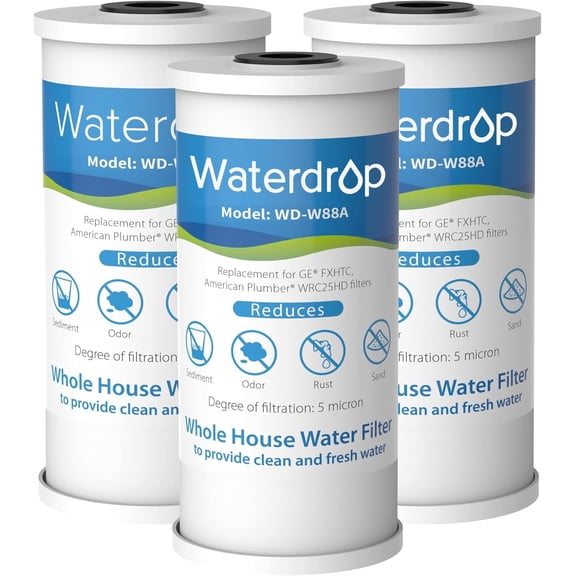 Waterdrop FXHTC Whole House Carbon Water Filter, Replacement for GE FXHTC, GXWH40L, GXWH35F, Culligan RFC-BBSA, American Plumber W10-PR, W10-BC, WRC25HD, 10" x 4.5" Cartridge, 5 Micron, Pack of 3