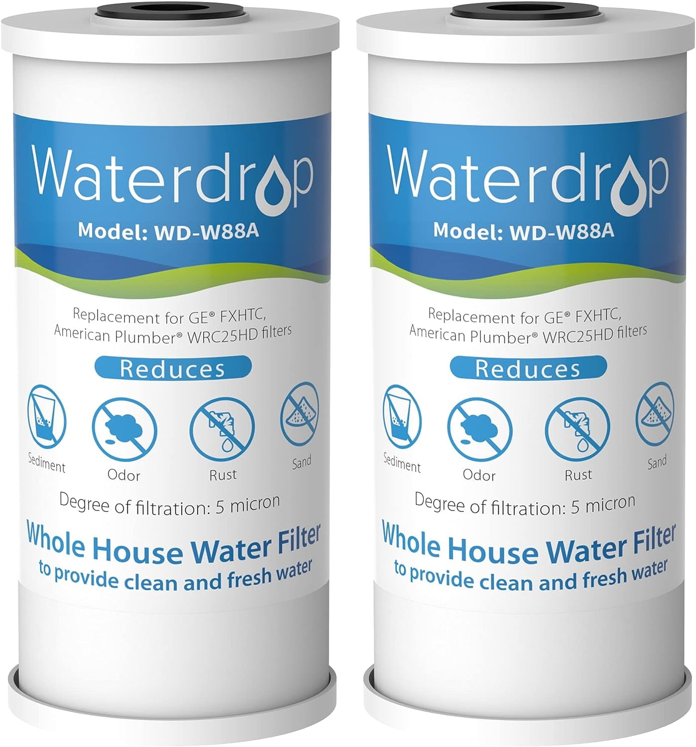 Waterdrop FXHTC Whole House Carbon Water Filter, Replacement for GE FXHTC, GXWH40L, GXWH35F, Culligan RFC-BBSA, American Plumber W10-PR, W10-BC, WRC25HD, 5 Micron, 10" x 4.5" Cartridge, (2)